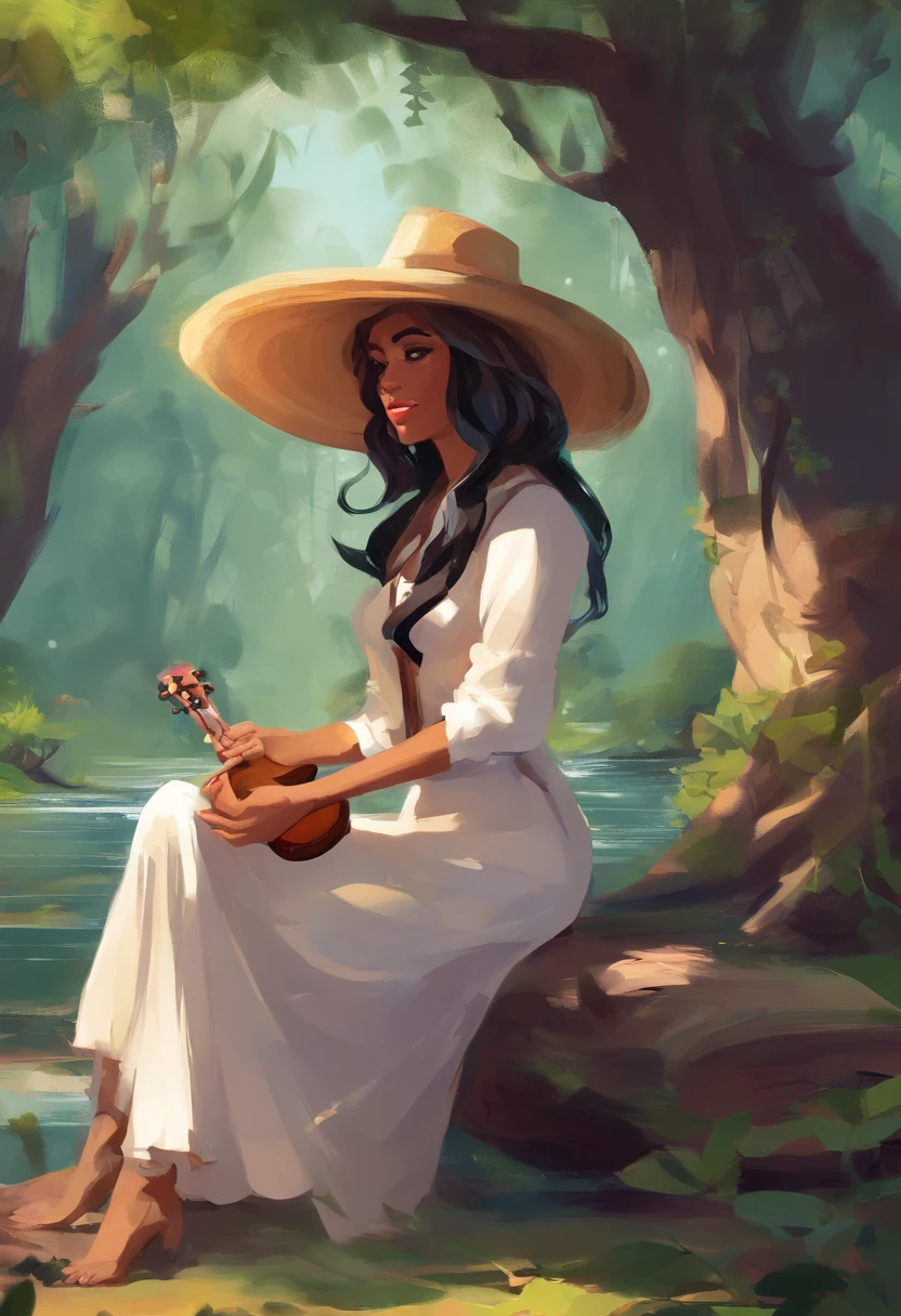 1mulher bonita (sozinho) com cabelos pretos, tocar um ukulele, wearing a large rounded hat, sitting under the tree, Raio de sol em seu rosto , behind the Stream , e a floresta no parque 8k,