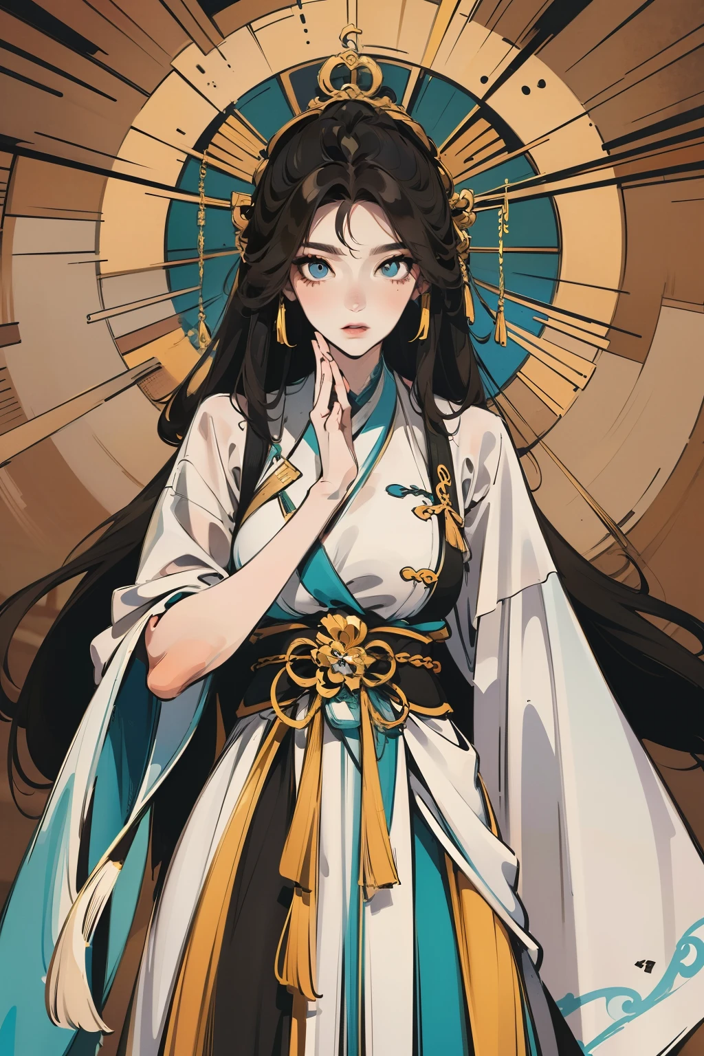 1Homem usando roupas antigas hunfa wuxia, cabelos negros longos, Sedoso, olhar selvagem, viril e bonito, roupas cor negra, male-looking man, arrogante, gesturing with his left hand and wielding a long sword with his right hand, (corpo inteiro)arte detalhada, epics