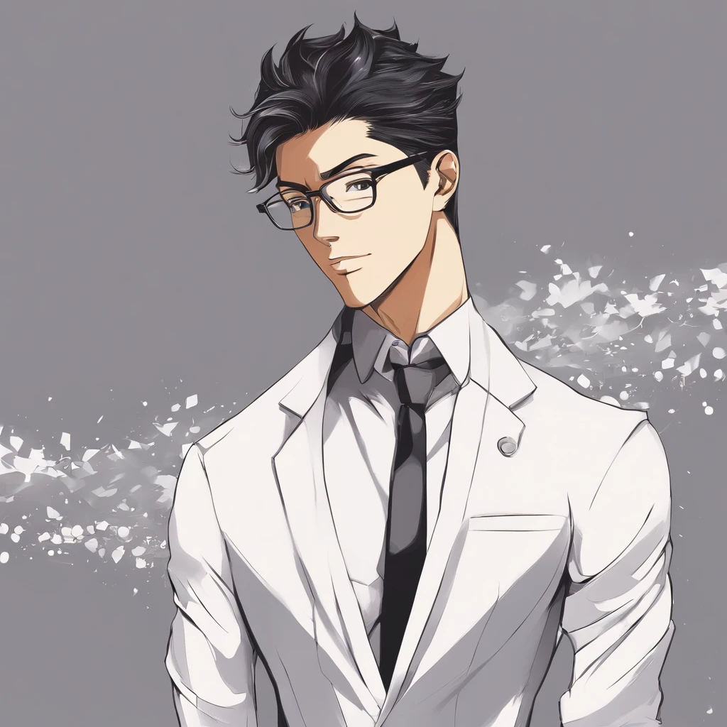 a handsome man, tan skin, dark hair, stubble, chiseled jaw, muscular, glasses, black suit,