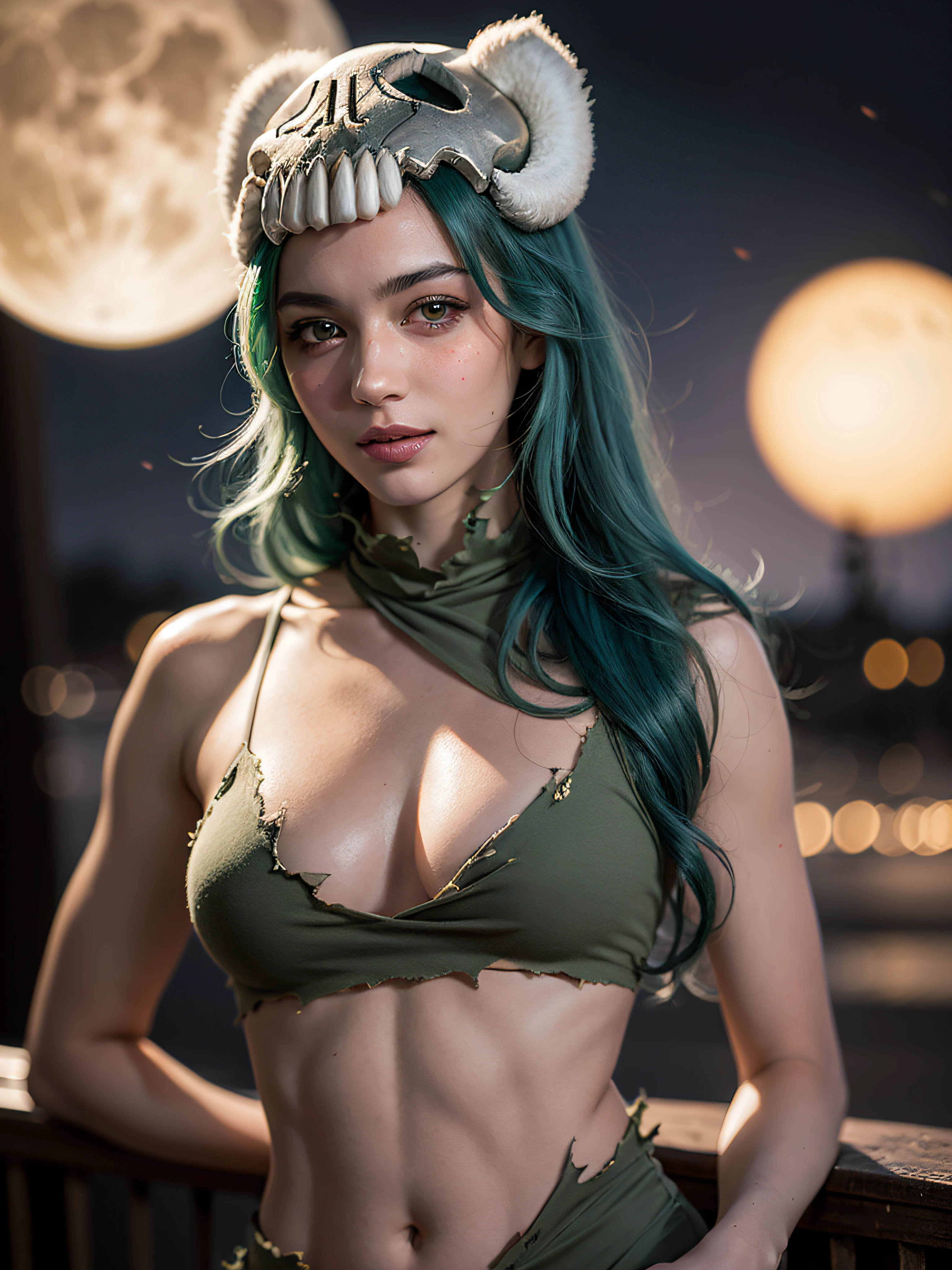 (masterpiece, best quality:1.4), (close up), (erotic face), odelschwanck, green hair, skull, torn clothes, underboob, skirt, sexy smile, looking at viewer, beautifull smile, beautiful face, highly detailed face, highly detailed eyes, highly detailed skin, skin pores, subsurface scattering, realistic pupils, full face blush, full lips, detailed background, depth of field, volumetric lighting, sharp focus, absurdres, realistic proportions, good anatomy, (realistic, hyperrealistic:1.4), moon background, nightlight 16k hdr,