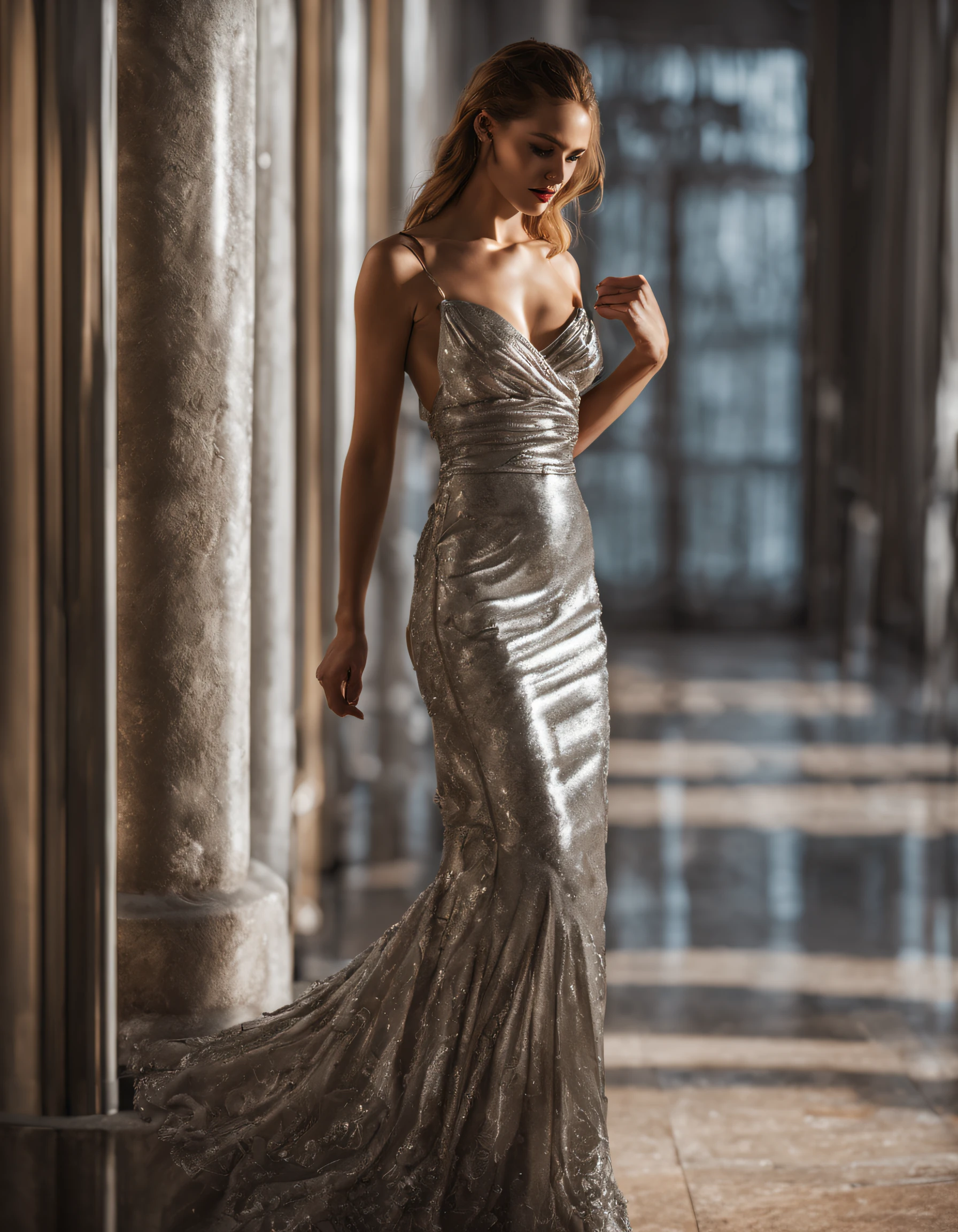 1girl, standing, luxury silver long dress fashion, (high detailed skin:0.8), 8k uhd, dslr, soft lighting, HDR, warm light, high quality, film grain, Fujifilm XT3