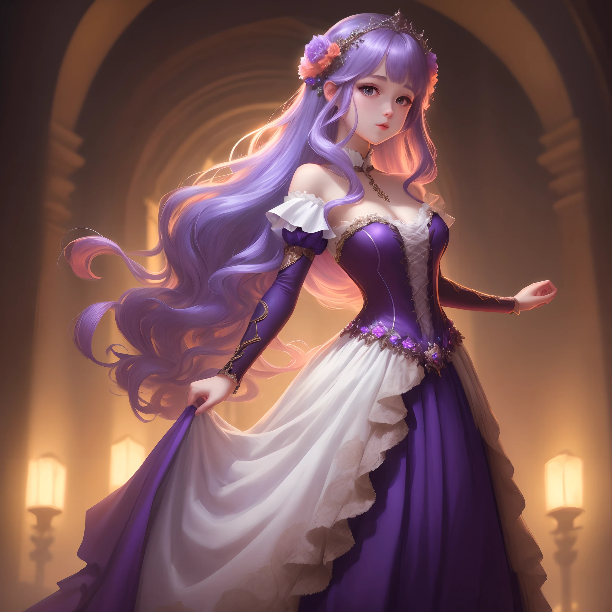 (((Masterpiece))), Best quality, illustration, 4k wallpaper, Cinematic light, absurderes, 1 Girl's traits, Long hair, purple crystal hair, luminous hair, bloom hair, Costume princess, looking to the front