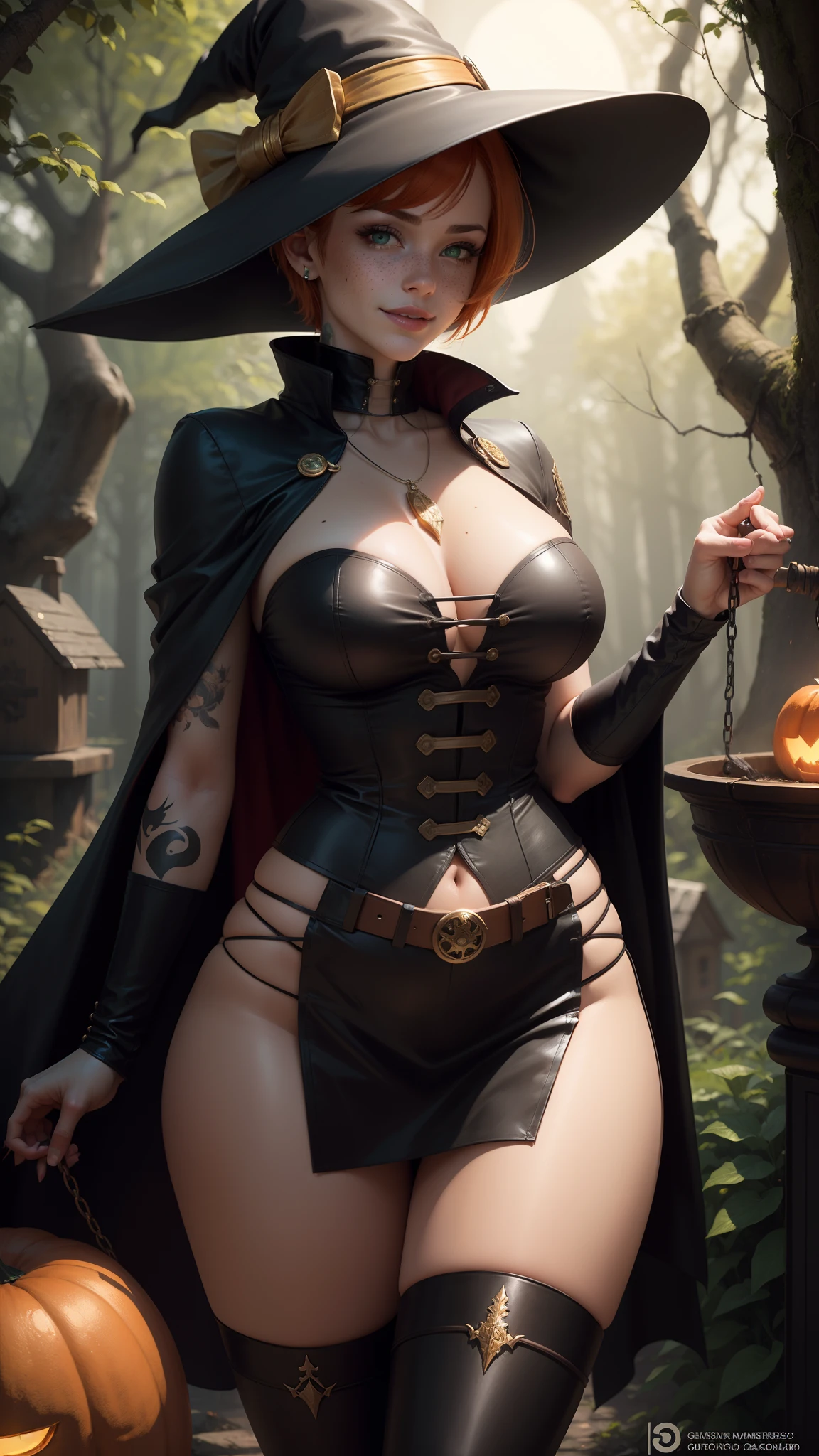 gwen tennyson,tracer,bulma,rebecca chambers,1girl,close up,moonlight,witch costume,gold neck jewelry,body tattoos,short hair,witch dress,tight skirt,pumpkin village,witch cape,gothic corset,halloween forest,gold,amulets,glowing cauldron, gothic piercings and tattoos, white tribal top,green eyes,orange hair,shy smile,freckles,redhead,beautiful girl,large breasts,thigh high boots,ultra detailed,realistic,fantasy art,black cat,witch hat,