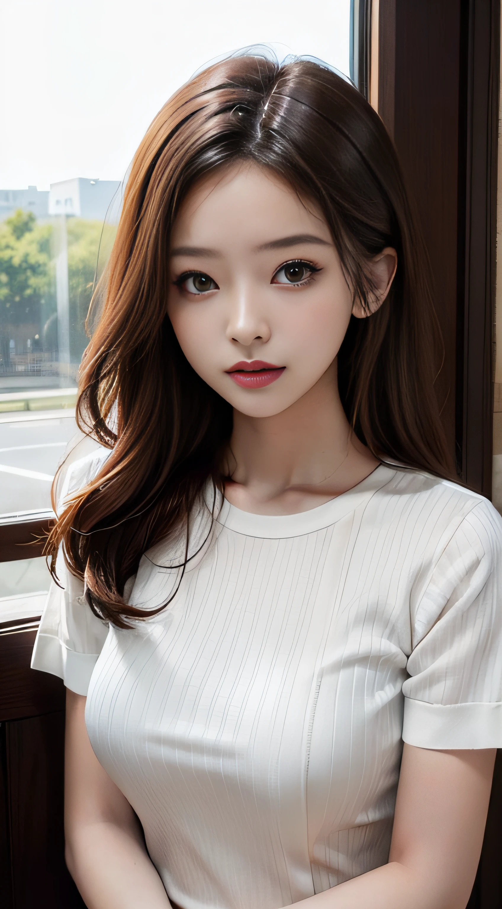 masterpiece、Top image quality:1.2、((beautiful young woman with))、Transparent skin:1.2、{A slight smil}、(kawaii)、Short sleeve knit、luxury hotel、depth of fields、Sharp Focus、Fine details