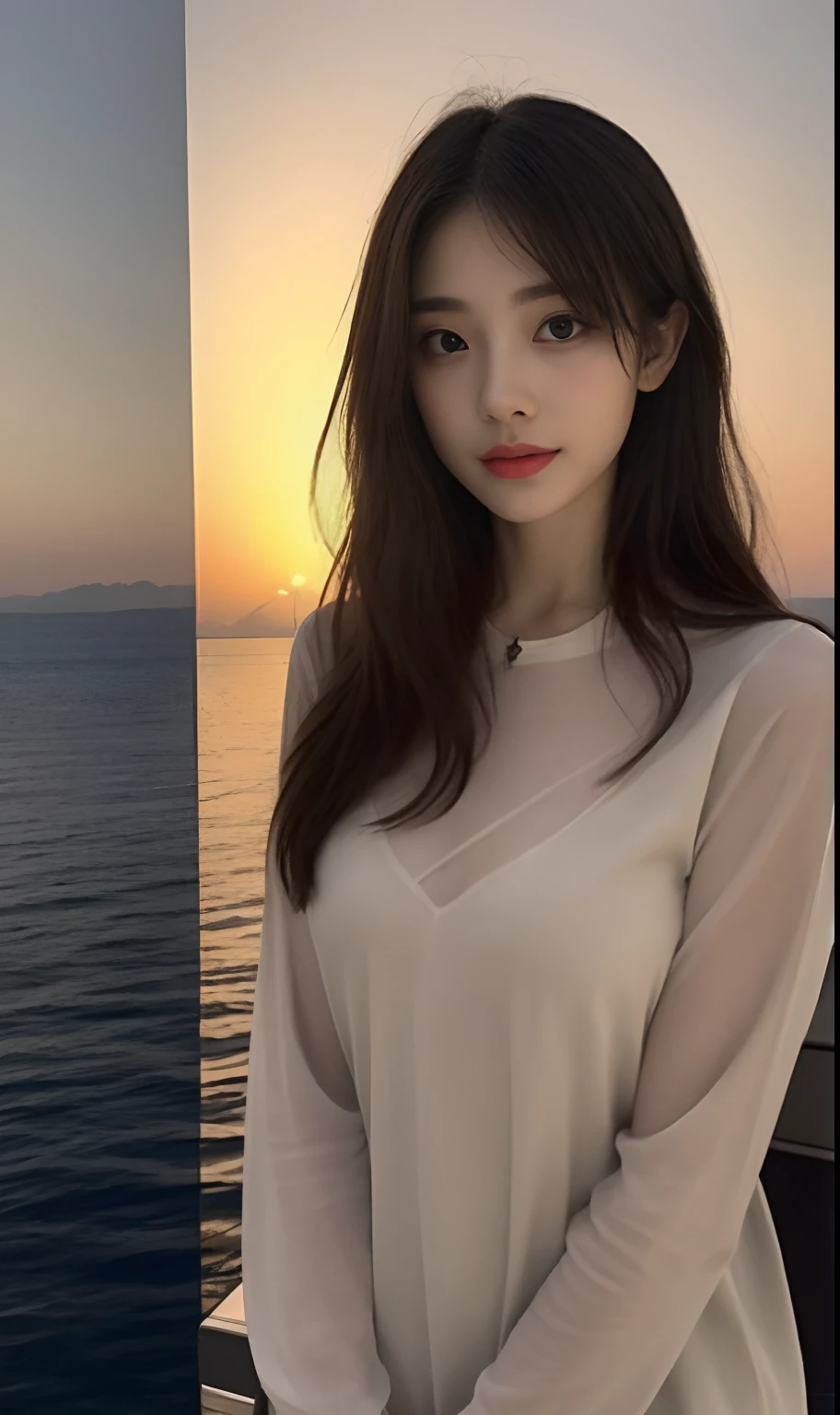 (Original photo of 8K,best qualtiy,tmasterpiece:1.2),(Medium view),the night,Night on a yacht,Sea and night view in the background,best qualtiy,tmasterpiece,(Small mouth:1.2),short- sleeved,short- sleeved,short- sleeved,short- sleeved,an extremely delicate and beautiful one,,astounding,finely detailled,tmasterpiece,Best quality at best,(age 22:1.2),Narrow waist,Slim,is shy,Pure,adolable,Bushy hair,Soft hair,big breasts beautiful,A detailed eye,(long whitr hair:1.2)