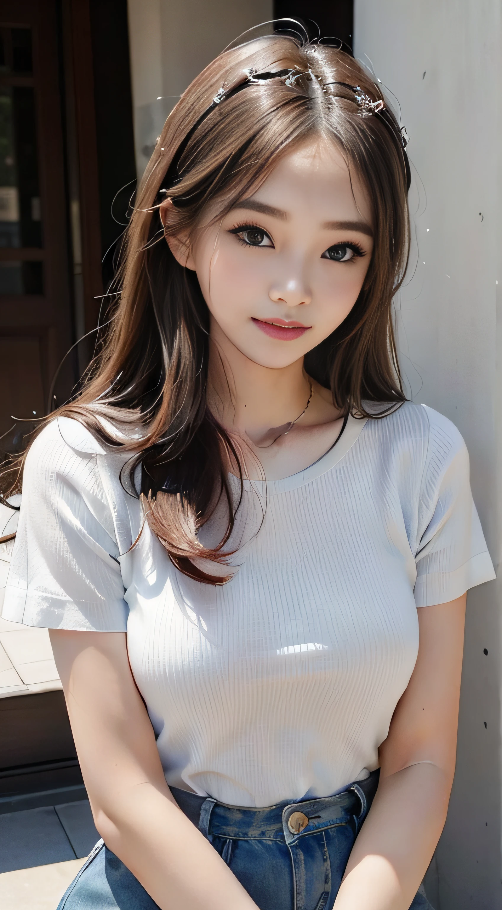 masterpiece、Top image quality:1.2、((beautiful young woman with))、Transparent skin:1.2、{A slight smil}、(kawaii)、Short sleeve knit、luxury hotel、depth of fields、Sharp Focus、Fine details