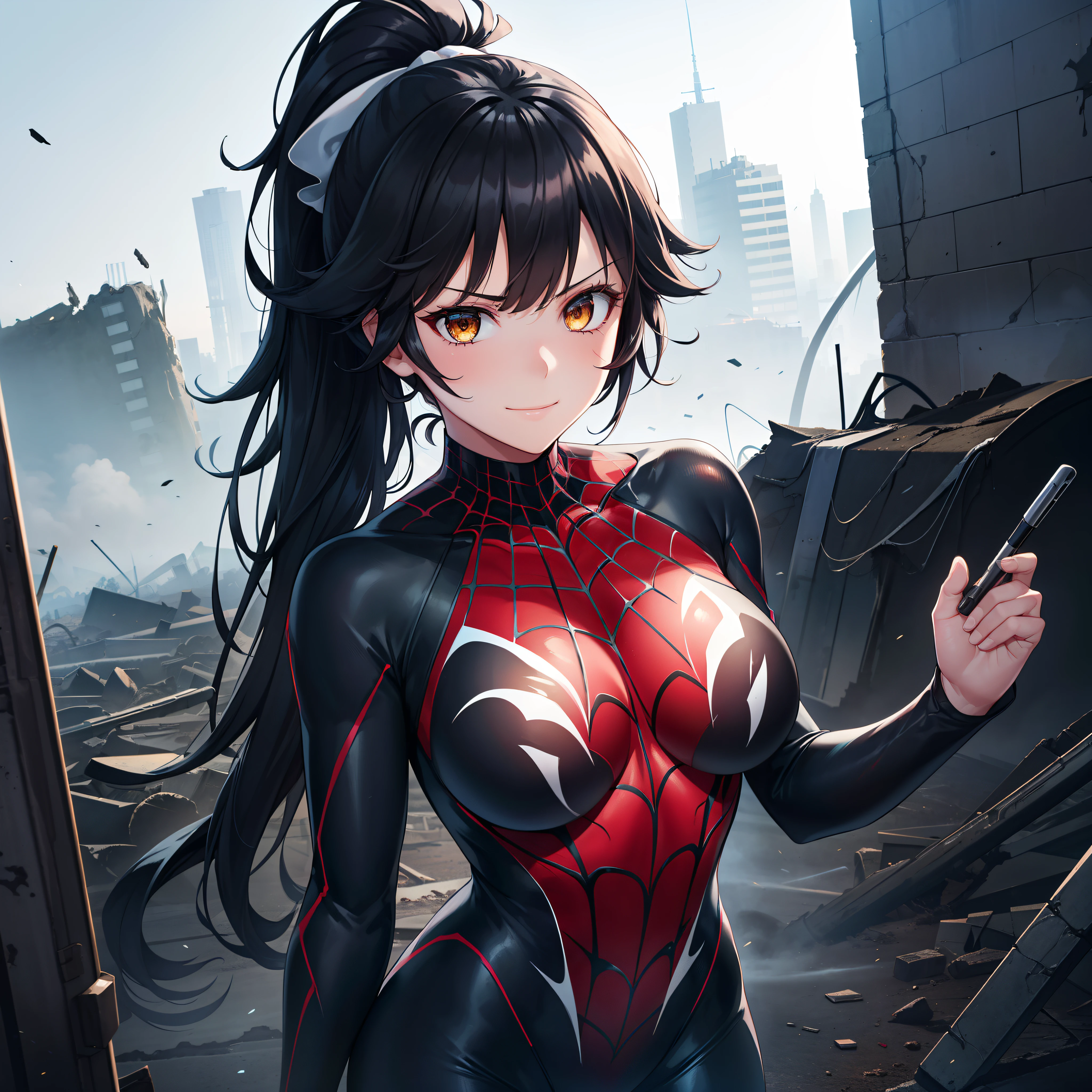 1girl,,big breasts,standing in ruined city,(8k),scratches,detailed face,black hair,brown eyes,very long hair,embarassed,small smile face,ponytail,hair, high_res, high_definition,the battlefield,battle pose,dark suit, (symbiote spider man Custome:1.1),