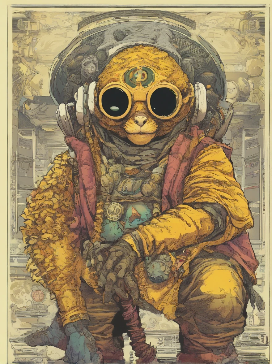 comics LEMUr shaman, by Katsuya Terada, HD, manga, toon avatar,shaman LEMUR, Katsuya Terada STYLE, POKEMON STYLE, LEMUR, YELLOW EYE, shamann, SNAKE skin ARMOR, SCALEs,LEMUR,  YELLOW EYES, muppet, simple, stialized, chubby, , manga, contrast, full body dynamic poce, gear, goggles, hood, by Katsuya Terada, clean, compact, simple