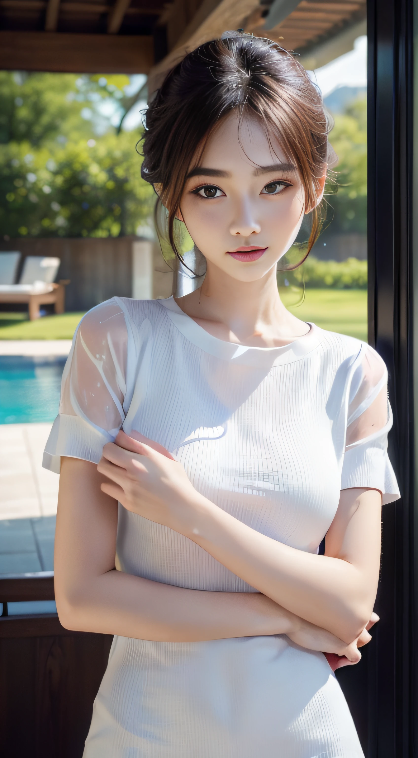 masterpiece、Top image quality:1.2、((beautiful young woman with))、Transparent skin:1.2、{A slight smil}、(kawaii)、Short sleeve knit、luxury hotel、depth of fields、Sharp Focus、Fine details