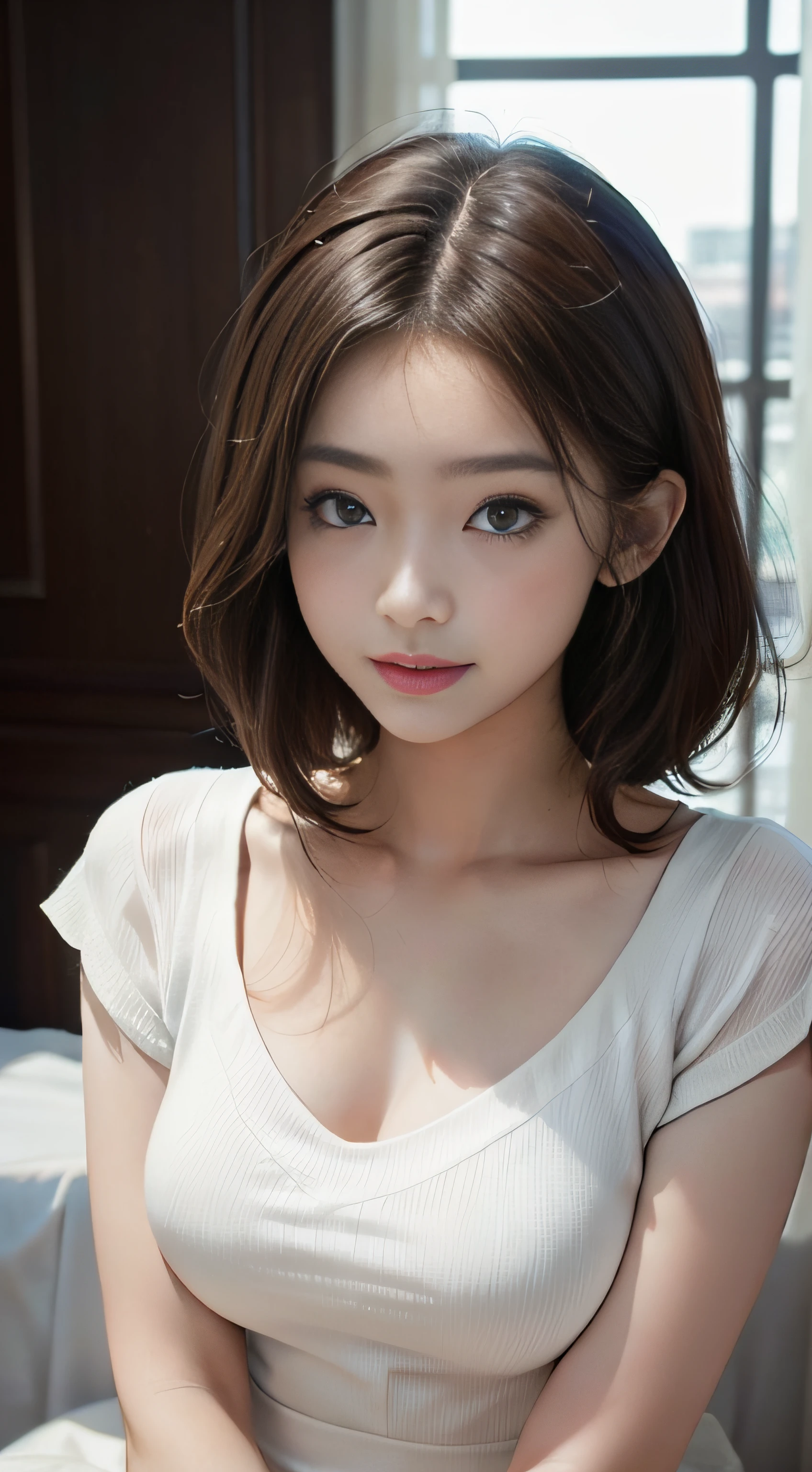 cute 21 year old japanese、on the bed、bra、crawl on all fours、date、date、super detailed face、eye for detail、double eyelid、Beautiful thin nose、sharp focus:1.2、Beauty:1.4、(light brown hair、short hair、),pure white skin、highest quality、masterpiece、ultra high resolution、(Photoreal:1.4)、、