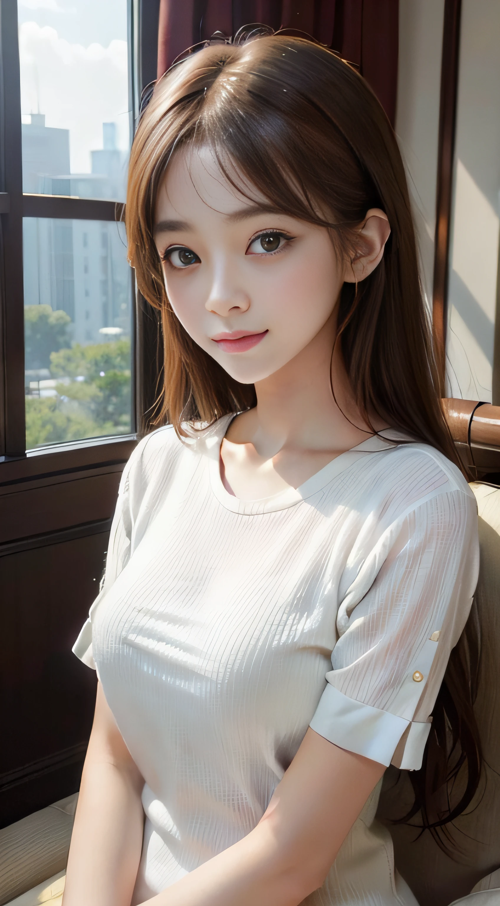 masterpiece、Top image quality:1.2、((beautiful young woman with))、Transparent skin:1.2、{A slight smil}、(kawaii)、Short sleeve knit、luxury hotel、depth of fields、Sharp Focus、Fine details