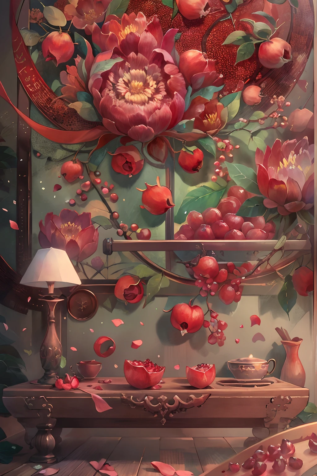 Original,(illustratio:1.1),(best qualtiy),(tmasterpiece:1.1),(the Extremely Detailed CG Unity 8K Wallpapers),(a color:1.2),Pomegranate flowers,Pomegranate flower petals,scenecy,rios|Wagas,