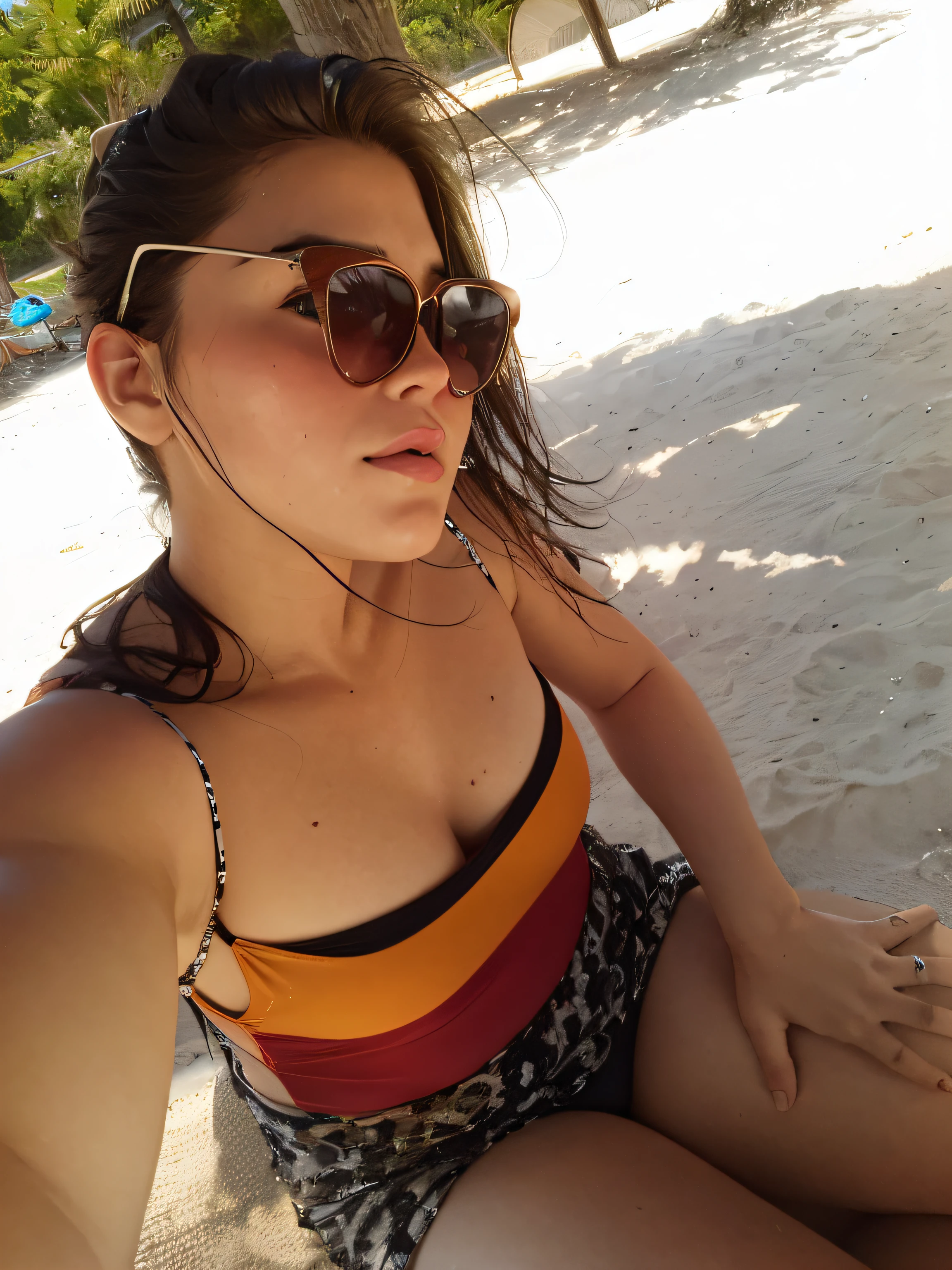 there is a woman sitting on the beach in a swimsuit, ,