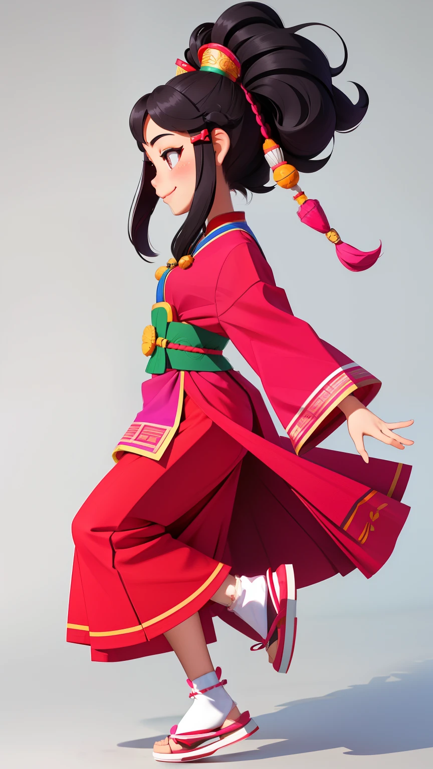 Hmong girls、A smile、full body Esbian、Taken from the side、Distinctive ethnic hair ornaments、Characteristic ethnic shoes