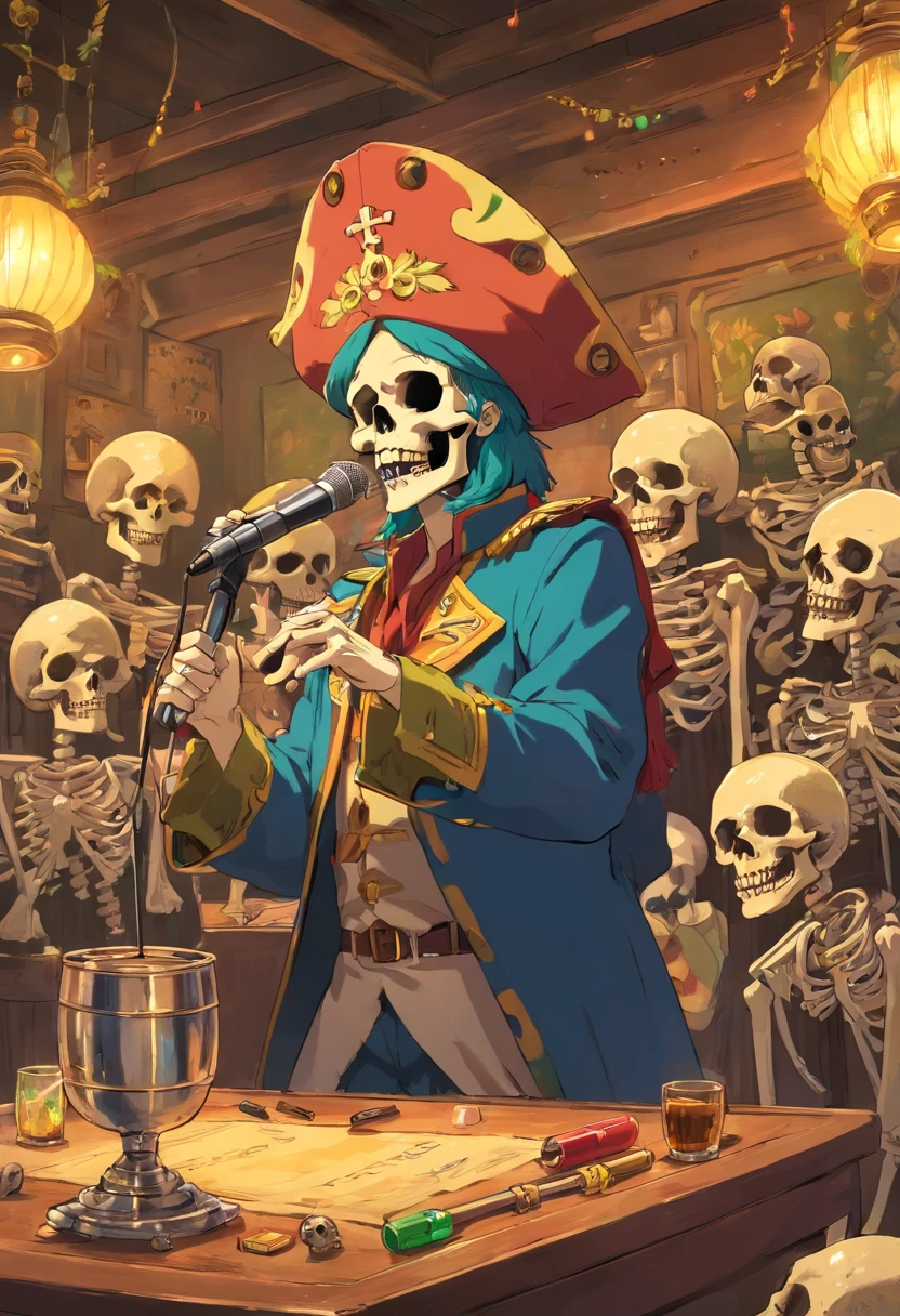 reggae, illustratio,Matte Effect[Matte Fukuto][Matt Fukuto], artistic,Singing, microphone, alcohol,skull, captain, Reggae skeletons are singing,livestream, banquet,wall paintings, goblet, a pirate, Skeleton Mask
