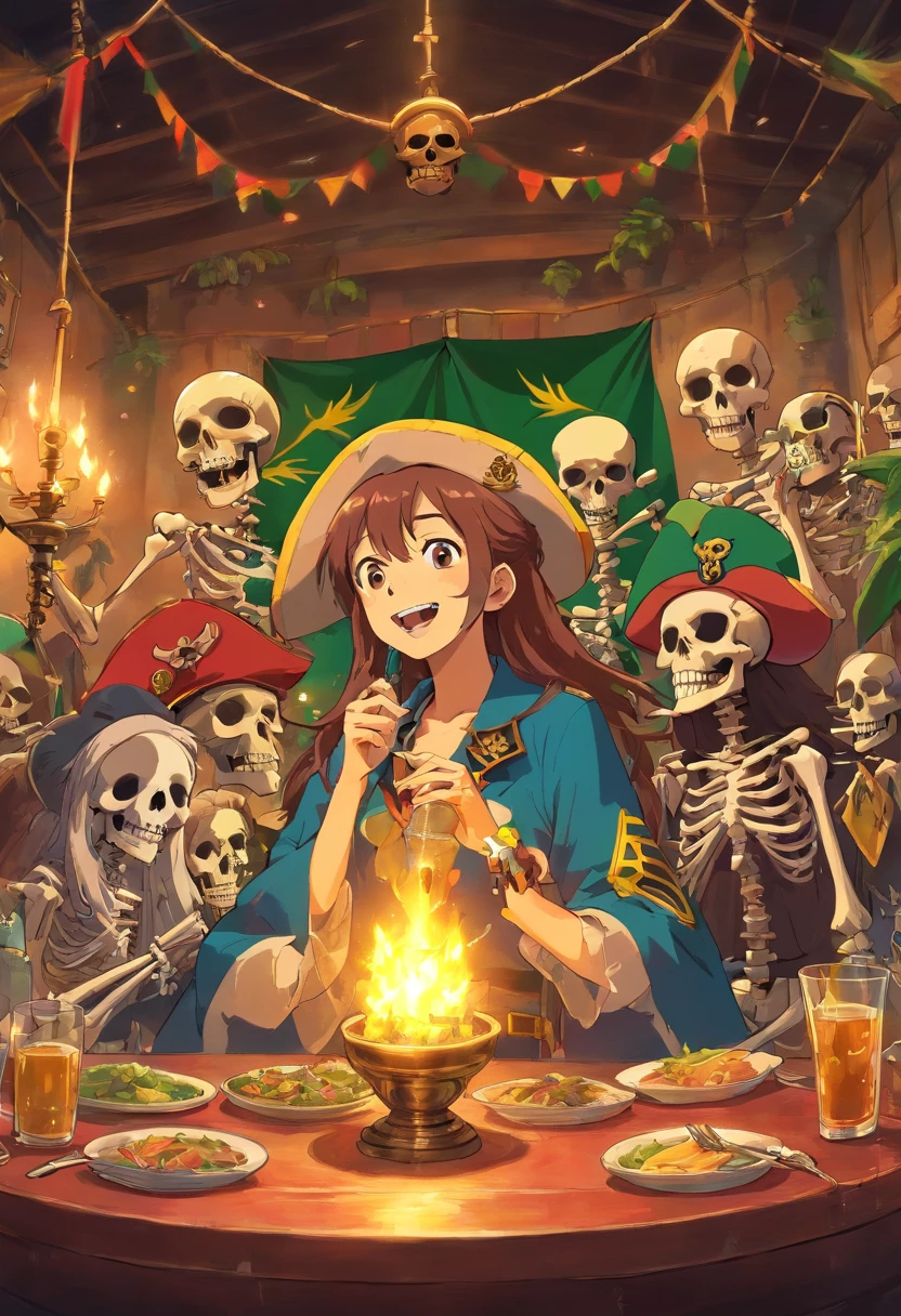 reggae, illustratio,Matte Effect[Matte Fukuto][Matt Fukuto], artistic,Singing, microphone, alcohol,skull, captain, Reggae skeletons are singing,livestream, banquet,wall paintings, goblet, a pirate, Skeleton Mask