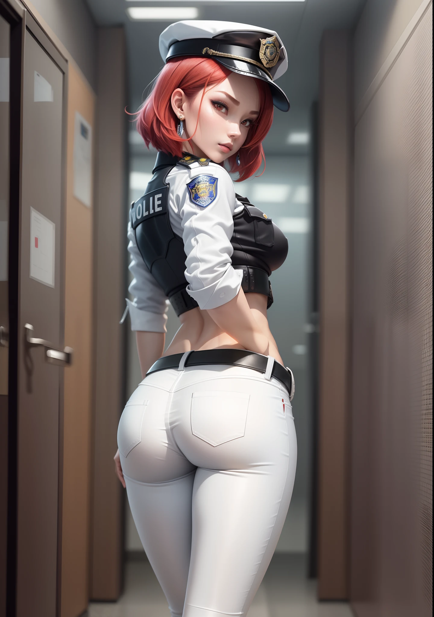 Masterpiece, best quality, detailed face,Nishikino maki, short hair,half sleeves,earrings, black belt, tight white low pants, midriff, police cap,in office, from behind,looking at viewer, ass