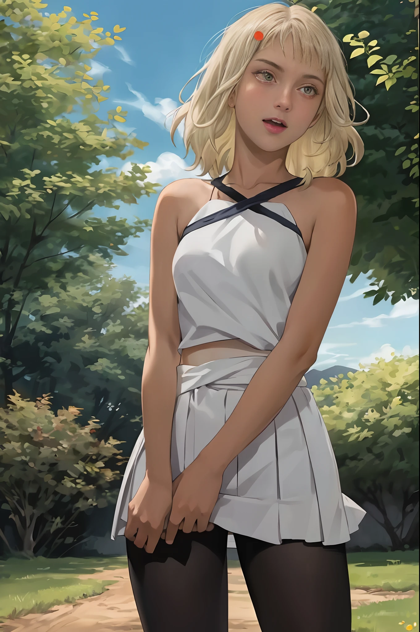 ((European )), excited girl, bare breasts, tiny pleated skirt, no panties, black tights to the waist, vagina with small hair, close-up from thighs to face, shot from below, very light skin, very long hair, wavy hair, blonde hair, garden, sunrise, photorealistic, indirect lighting, volumetric light, ray tracing, hyper-detailed, best quality, ultra-high resolution, HDR, 8k