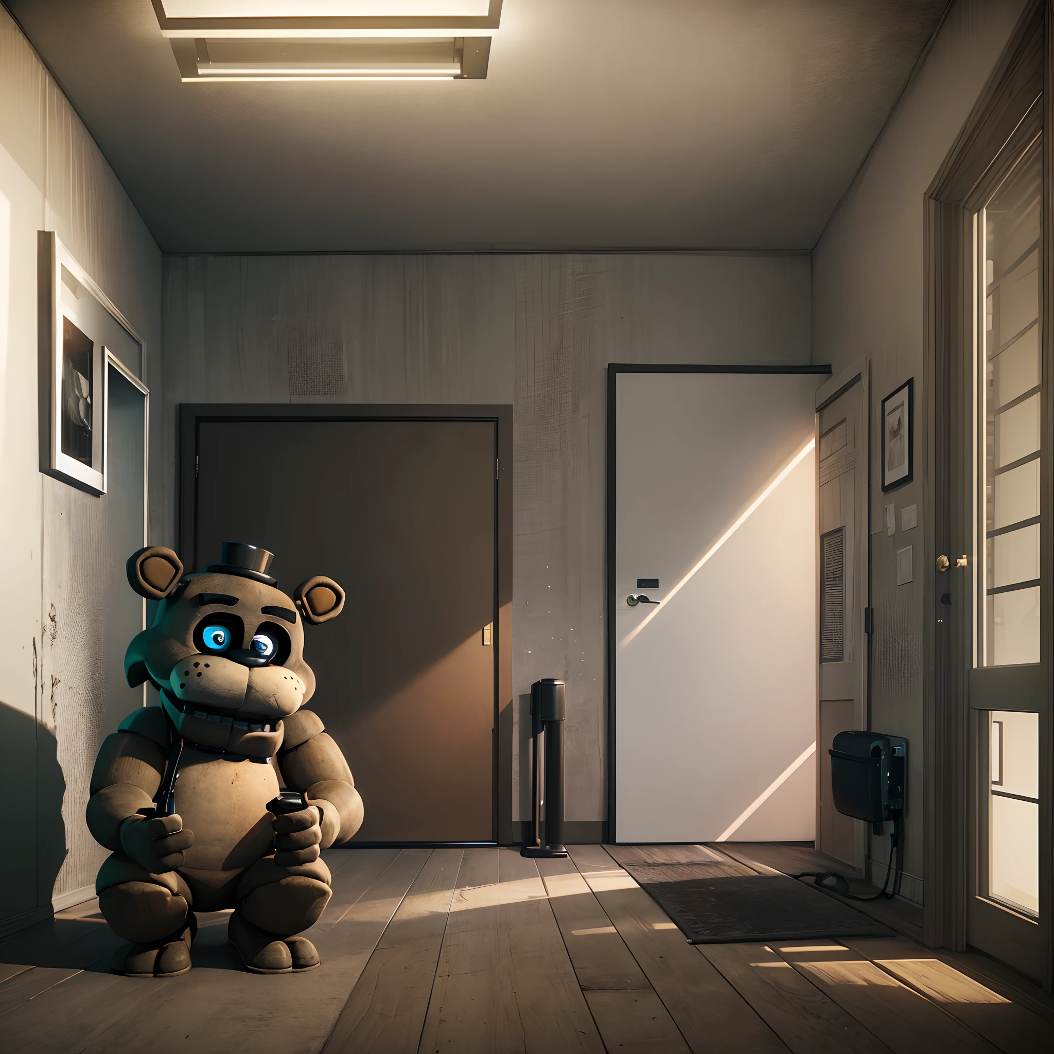 Five nights and Freddy,golden Freddy, sitting down in the corner of a dark run down room,dark, horror, cinematic lighting, unreal engine 5, CGI, machine