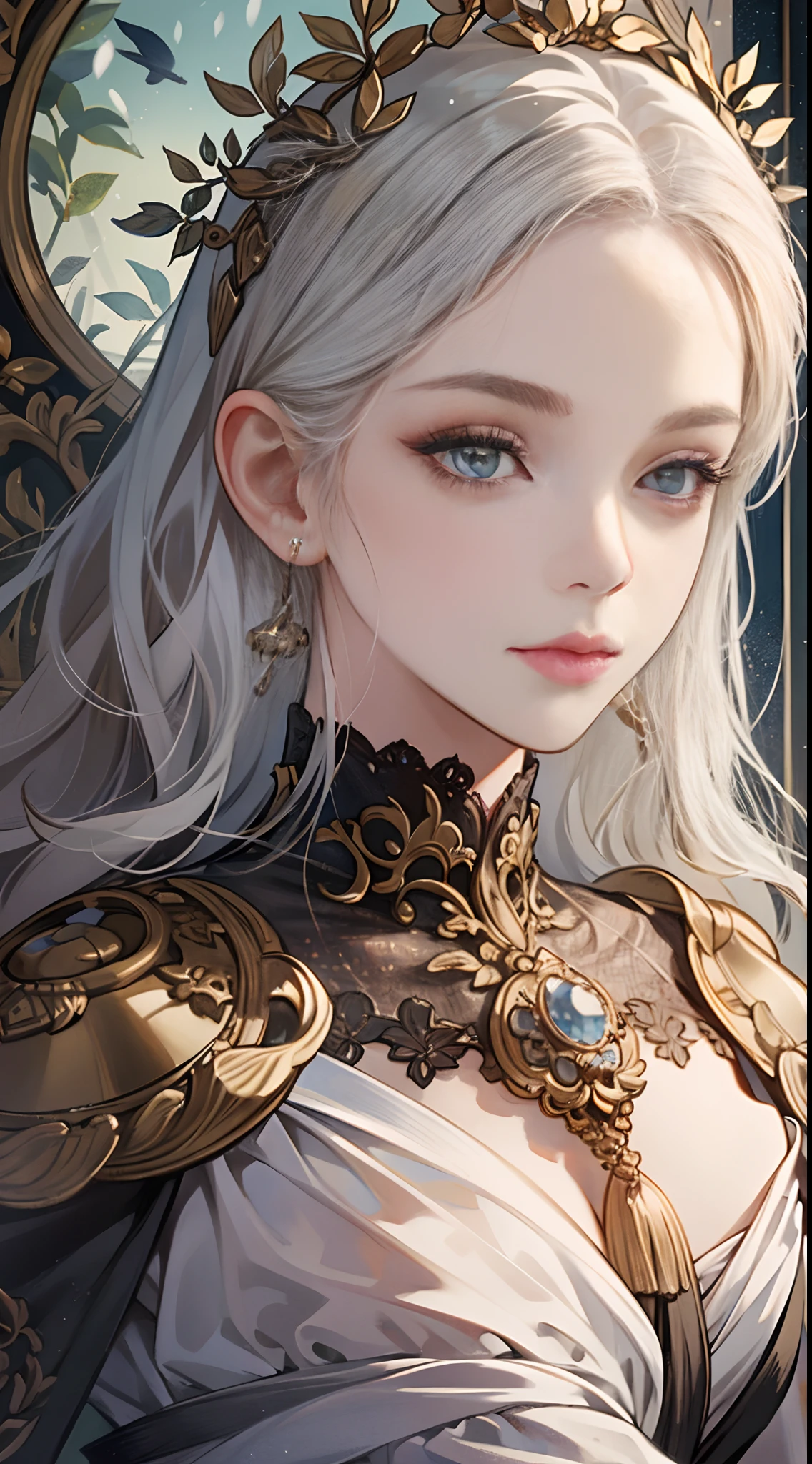 (extremely delicate and beautiful:1.2), 8k,(masterpiece:1.0),(best_quality:1.0), 1girl, mature woman, complex details, enlarged textures, complex details, finely detailed eyes and detailed face, intricate details, white hair, (closed mouth), perfect eyes, equal eyes, (goddess)