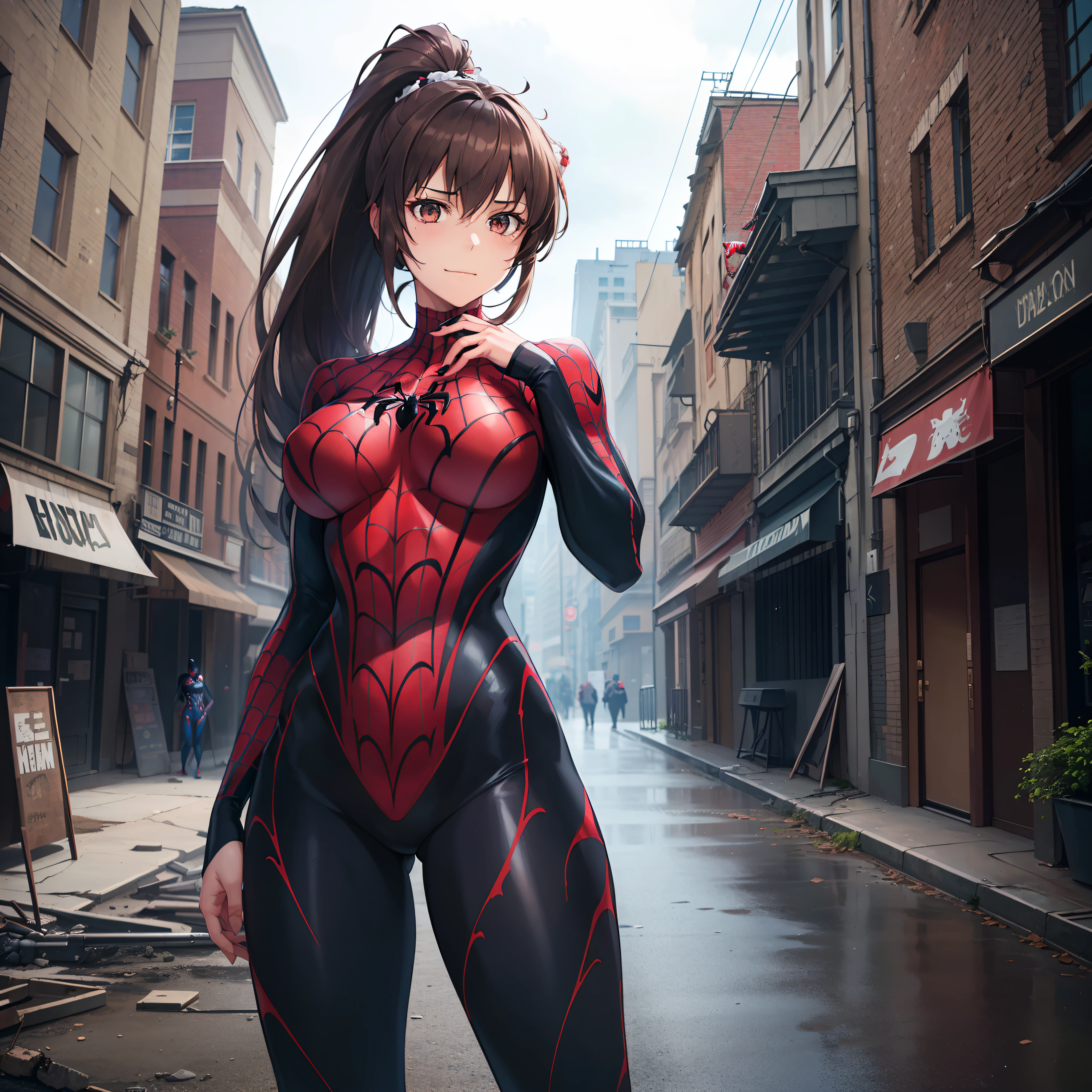 1girl,,gigantic breasts,standing in ruined city,(8k),scratches,detailed face,brown hair,brown eyes,very long hair,embarassed,small smile face,ponytail,hair ornament, high_res, high_definition,the battlefield,battle pose,dark suit, (symbiote spider man Custome:1.1),(perfect fingers),