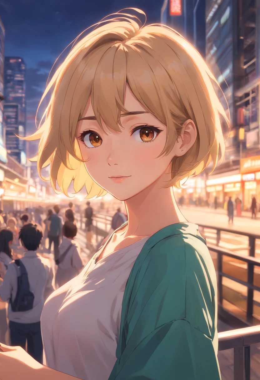 WOMAN WITH SHORT BLONDE HAIR, AGE APPROXIMATELY 30 YEARS, ULTRA REALISTIC 4K STYLE PHOTO, MANICURE, BROWN EYES, SUPER CHARISMATIC.