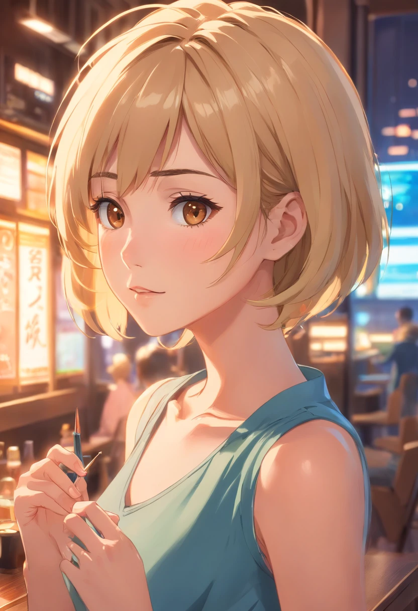 WOMAN WITH SHORT BLONDE HAIR, AGE APPROXIMATELY 30 YEARS, ULTRA REALISTIC 4K STYLE PHOTO, MANICURE, BROWN EYES, SUPER CHARISMATIC.