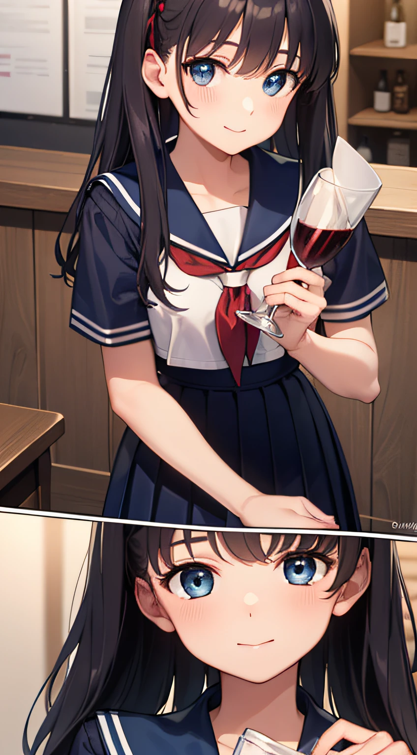 Blue eyes, Goodbye to hair accessories, hairstyles, Long hair,Black hair, bow,
Break the blue dress, Kiyosumi school uniform, Pleated skirt, school uniform, serafuku, Skirt,
BREAK looking at viewer,holding a wine cup，smile
Inside the tavern
break (Masterpiece:1.2), Best quality, high resolution, Unity 8k wallpaper, (illustration:0.8), (Beautiful detailed eyes:1.6), Extremely detailed face, Perfect lighting, Extremely detailed CG, (Perfect hands, Perfect anatomy),