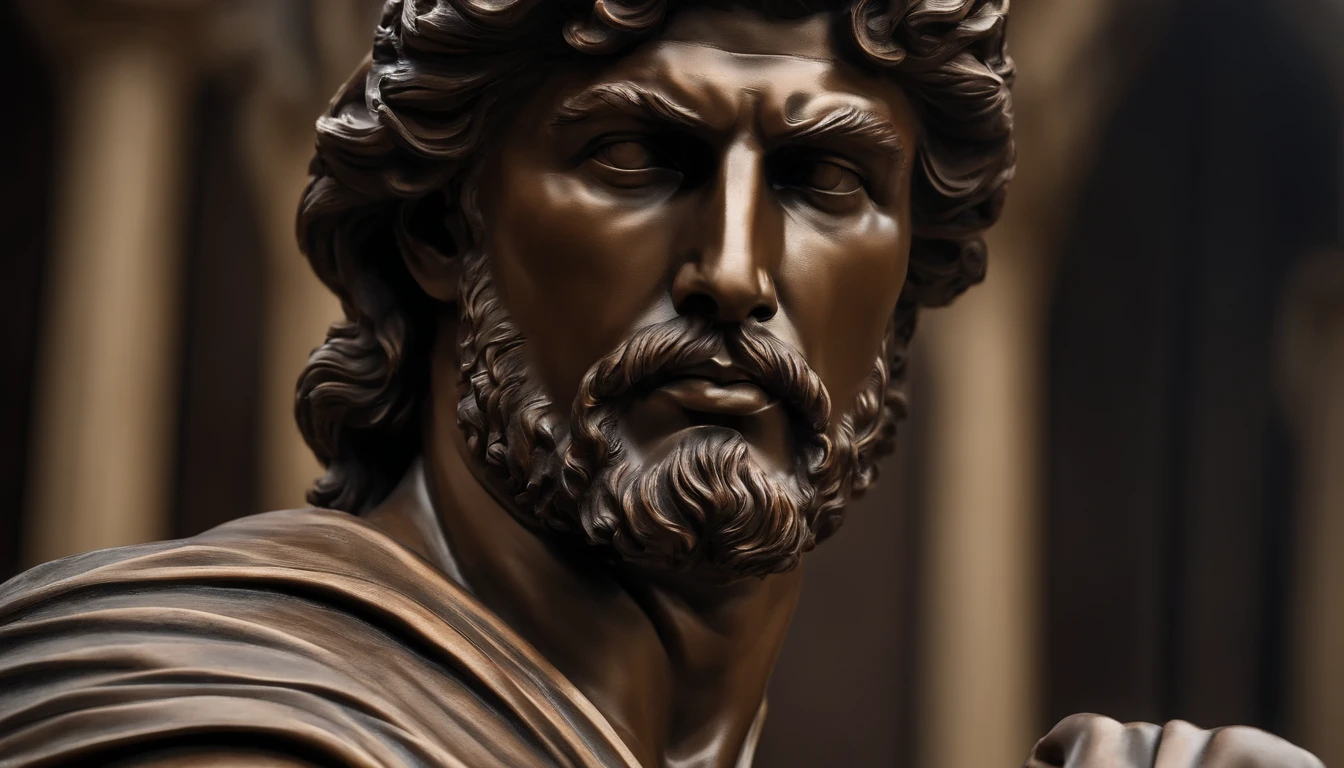 a closeup of a statue of a man, estilo cristiano ronaldo, contato visual, com barba curta, a dark marble sculpture of young man with muscles, classical realism, macho, wise, alfa, dark marble sculpture, Chiaroscuro