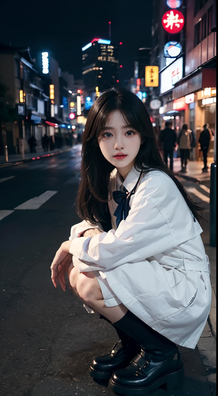 ((unparalleled masterpiece ever、best qualtiy、erfect artwork))、(realisitic, Photorealsitic:1.37)、1girl in、、japanes、cute little、((JK Uniform))、((full body seen))、long lashes、heavy eye makeup、Dark eyeshadow、Korean Makeup、Posing、on tokyo street、Soft light、Smile、randome pose、poneyTail、randam angle、random place、very detailed and professional lighting、finely detail、ultra-detailliert、hight resolution、the Extremely Detailed CG Unity 8K Wallpapers、a beautiful detailed girl、extremely detailed eye and face、beatiful detailed eyes
