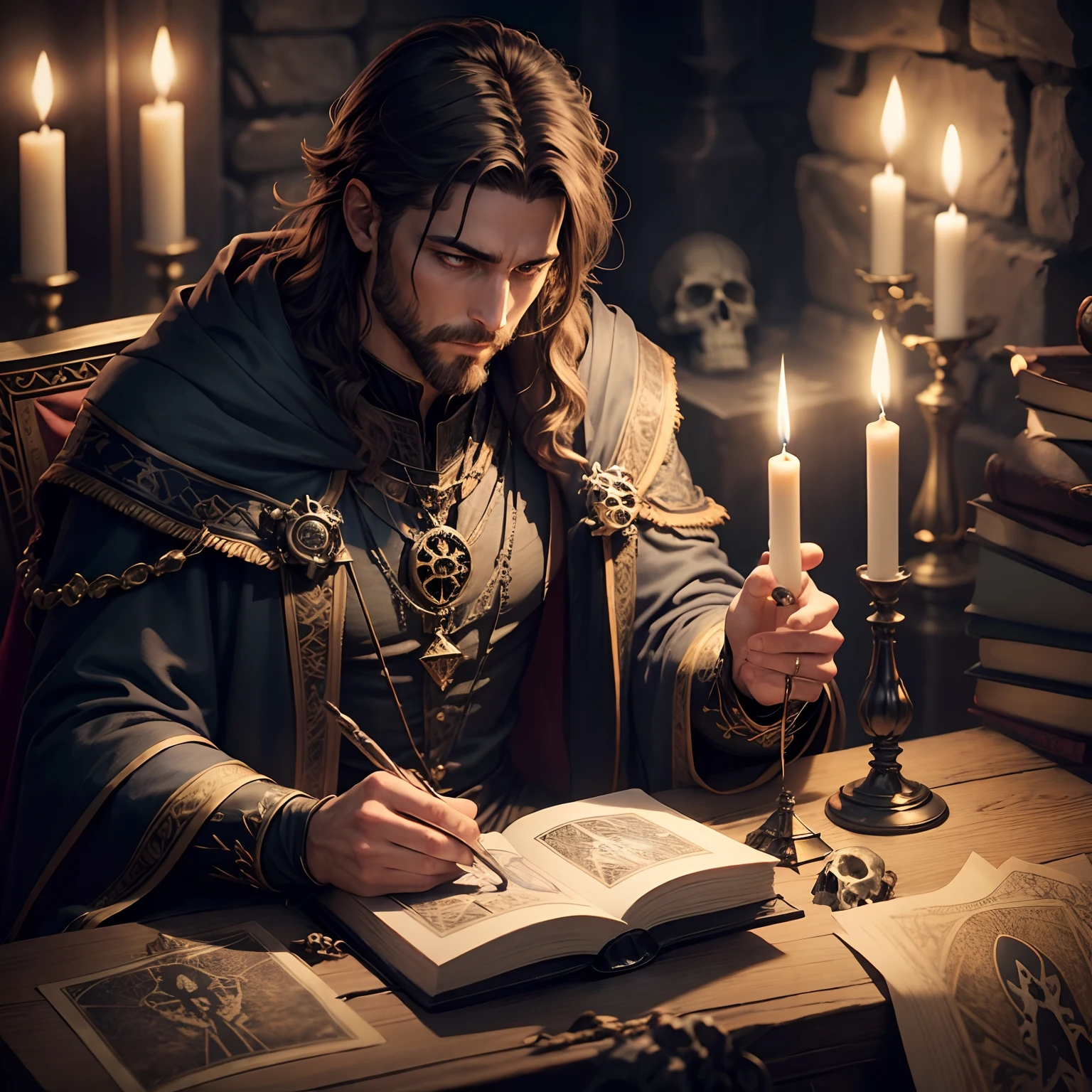 Man sit reading tarot wearing wizard outfit and tarot cards candles around dark place and skulls high quality realistic