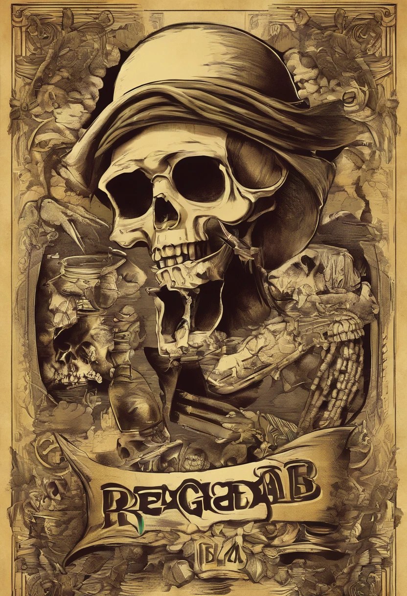 reggae, illustratio,Matte Effect[Matte Fukuto][Matt Fukuto], artistic,Singing, microphone, alcohol,skull, captain, Reggae skeletons are singing,livestream, banquet,wall paintings, goblet, a pirate, Skeleton Mask