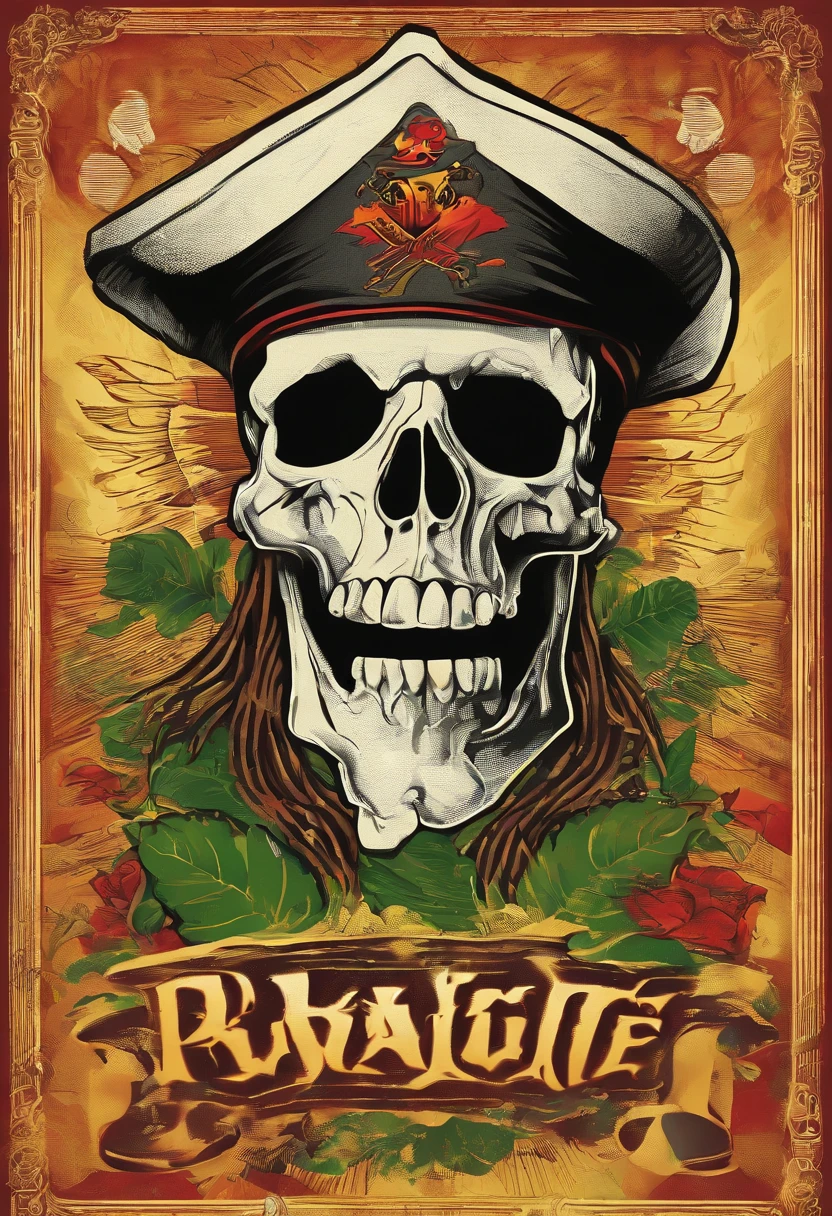 reggae, illustratio,Matte Effect[Matte Fukuto][Matt Fukuto], artistic,Singing, microphone, alcohol,skull, captain, Reggae skeletons are singing,livestream, banquet,wall paintings, goblet, a pirate, Skeleton Mask