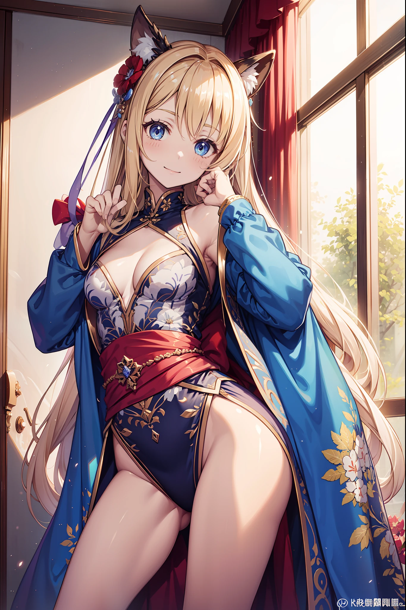 s girl,Best quality,divino,Enchanted，Seductive pose，blond hairbl，eBlue eyes，having fun，Being in love，pale robe，A small amount of lilac cloth，Embroidery，Pattern，intricate detailed clothes，see-through transparent clothes，swimming uniform，inside in room，solo person，