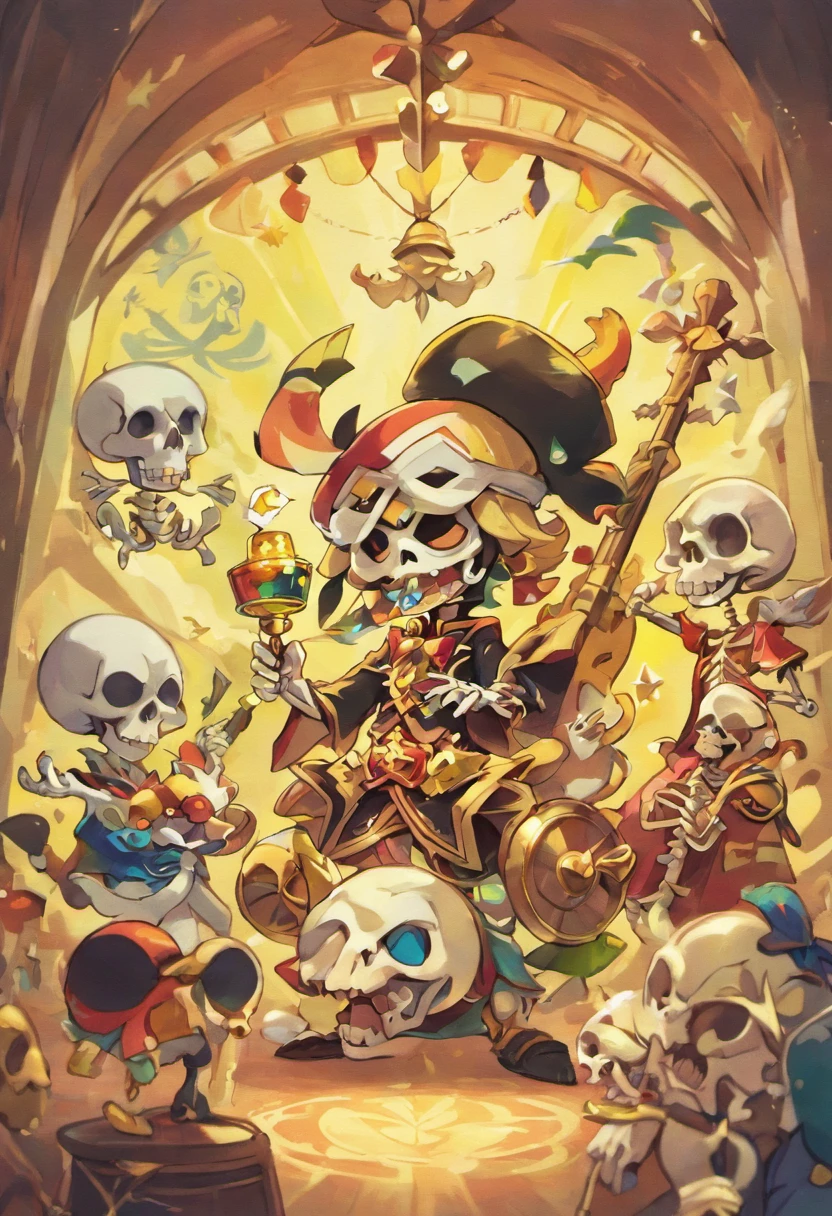 reggae, illustratio,Matte Effect[Matte Fukuto][Matt Fukuto], artistic,Singing, microphone, alcohol,skull, captain, Reggae skeletons are singing,livestream, banquet,wall paintings, goblet, a pirate, Skeleton Mask