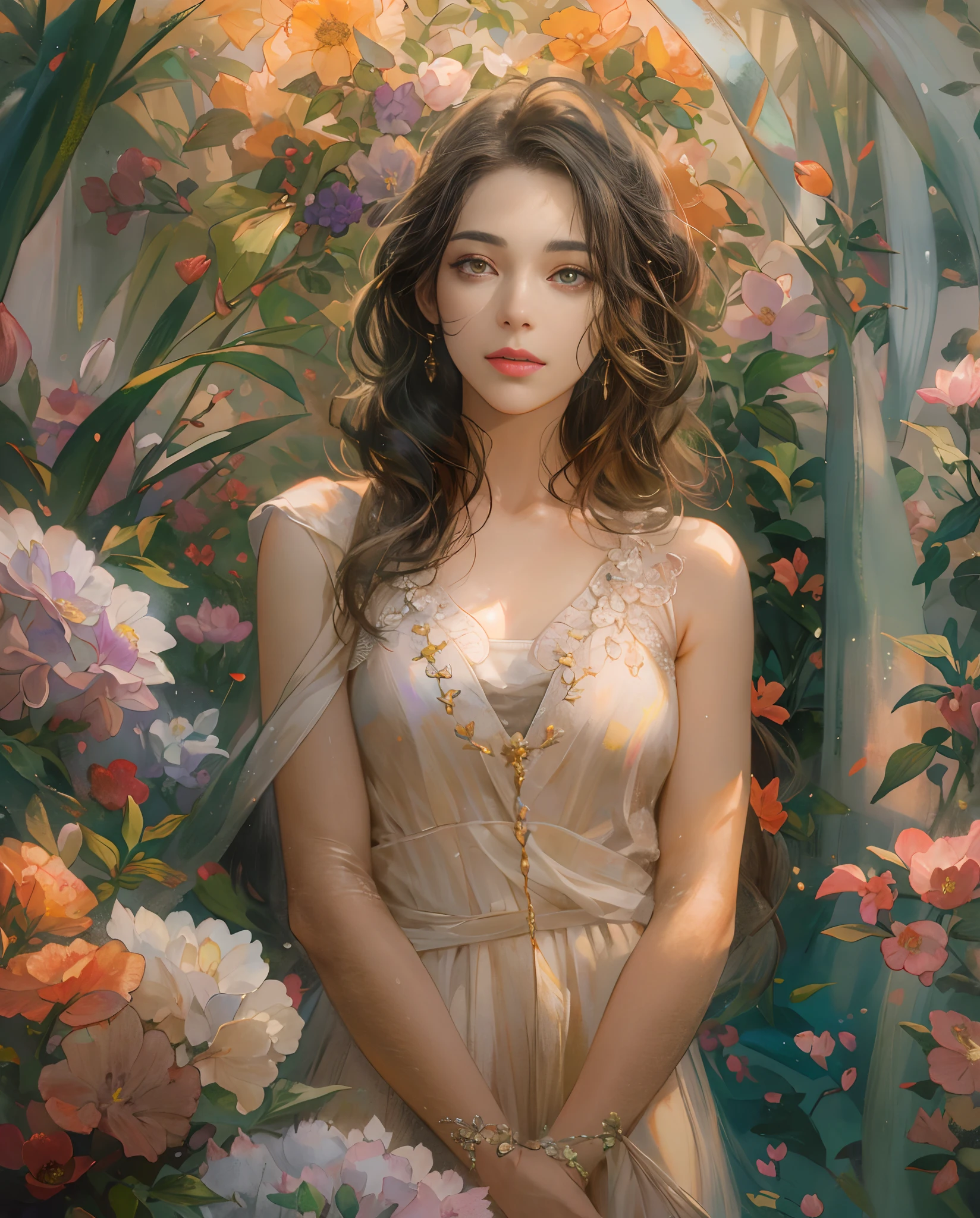 (photo-realistic:1.37),(professional),(vivid colors),(sharp focus),(HDR),portrait,woman in a fantasy garden,soft lighting,radiant expression,natural pose,flowers in the background,subtle color palette,fine brushstrokes,pastel tones,delicate features,serene atmosphere