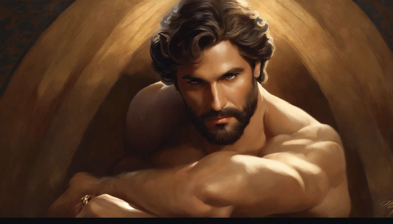 Retrato de um Deus poderoso e robusto e elegantee liberando todos os seus poderes, pintura digital no estilo de Robert Liberace, Dynamic action poses of robust Zeus, deus do fogo, deus grego, cabelos loiros, macho, maduro, Handsome, parte superior do corpo, musculoso, torso peludo, fantasia, intrincado, elegante, altamente detalhado, pintura digital, Art Station, arte conceitual, macio, foco nítido, illustration, arte por Robert Liberace, Gaston Bussiere e Alphonse Mucha, Klimt, Art Deco