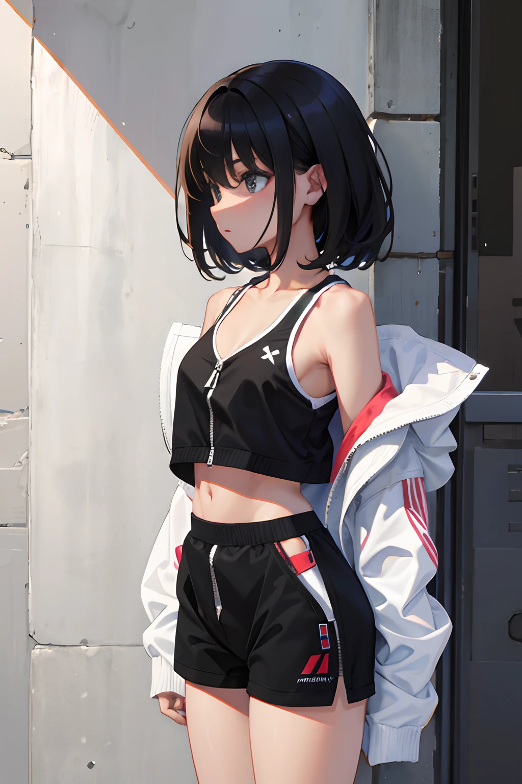 (masterpiece,Highest Quality),(child),(Sportsbra,Long black hoodie),(A dark-haired,Medium bob),embarrassed from,Delicate body