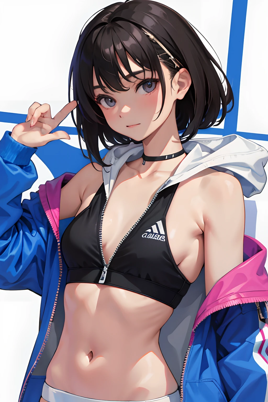 child，（​masterpiece，Highest Quality），Sportsbra，Zip Up，Lightweight hoodie，A dark-haired