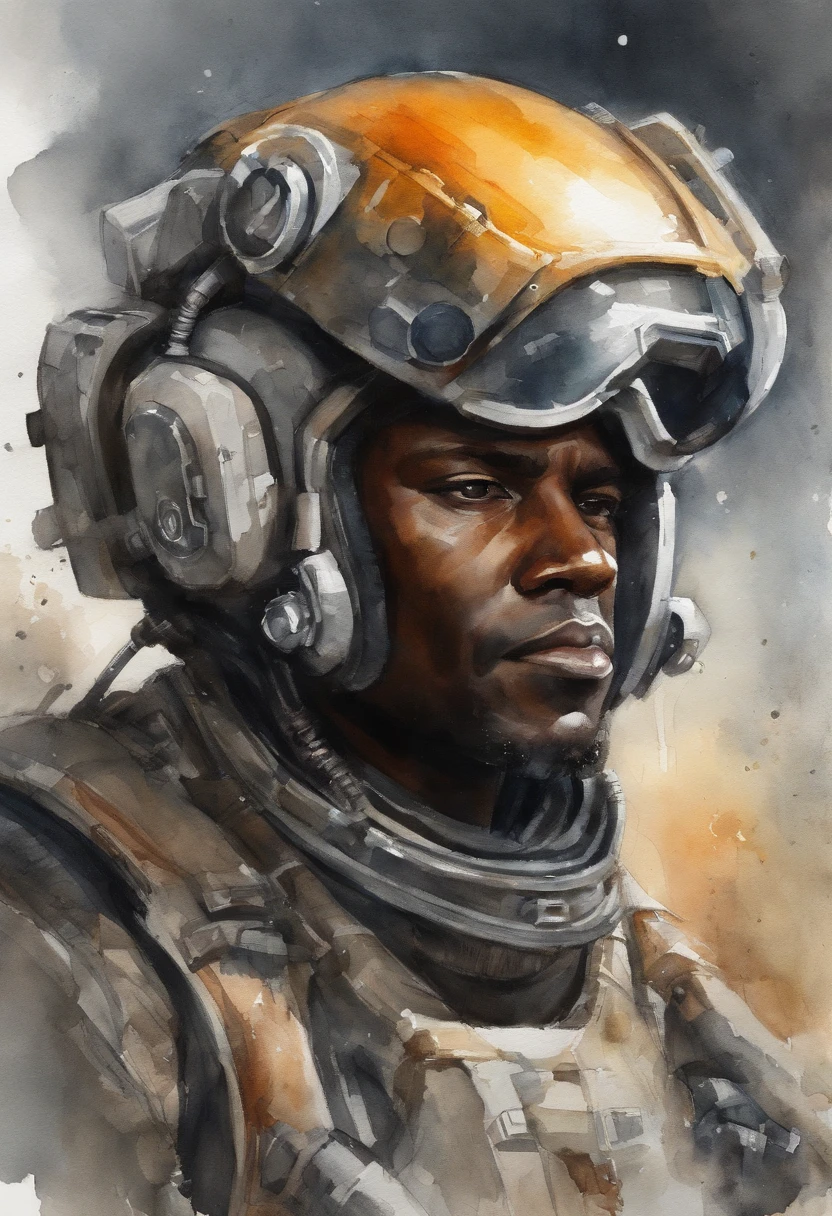 mech pilot, male, dark skin, white hair, tired, rule of thirds, high quality background, ultra detailed scenery, ultra sharp focus, perfect professional photo