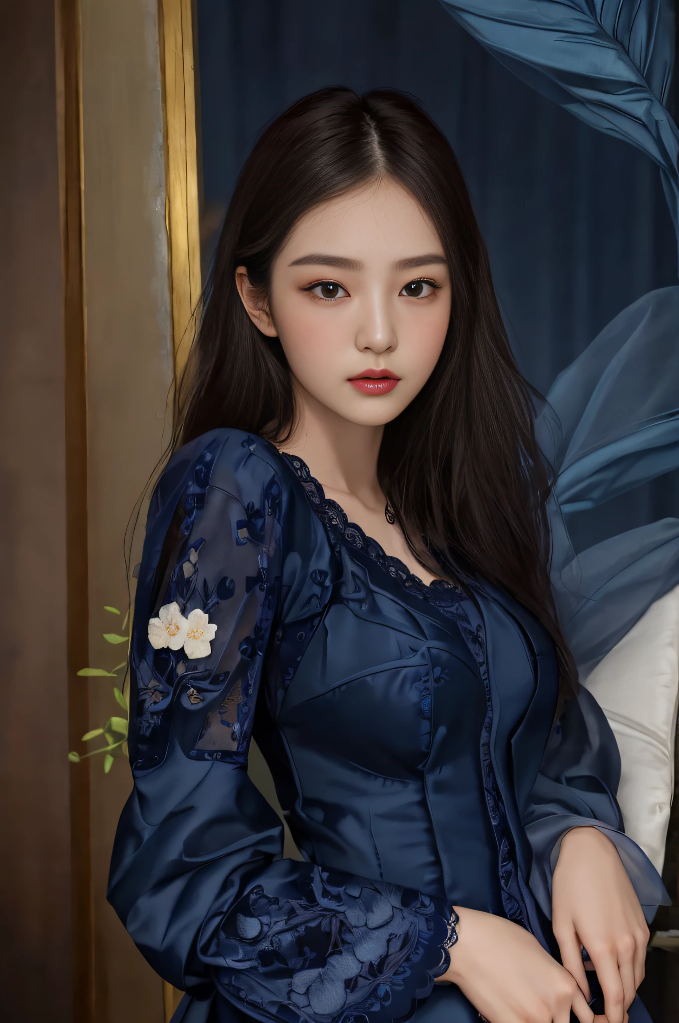 masterpiece、mid night、top-quality、32K、Neat and clean haute couture、Delicate design down to the smallest detail、Ultra detailed clothing lace、Dark blue clothes made of dark blue lace、Korean Women、Cool and beautiful face、 Best Quality, Realistic, Photorealistic,ultra-detailliert,extra detailed face、beutiful breast、