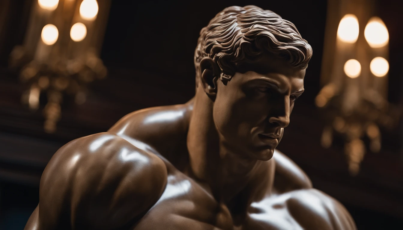 a closeup of a statue of a man, estilo cristiano ronaldo, contato visual, com barba curta, a dark marble sculpture of young man with muscles, classical realism, macho, wise, alfa, dark marble sculpture