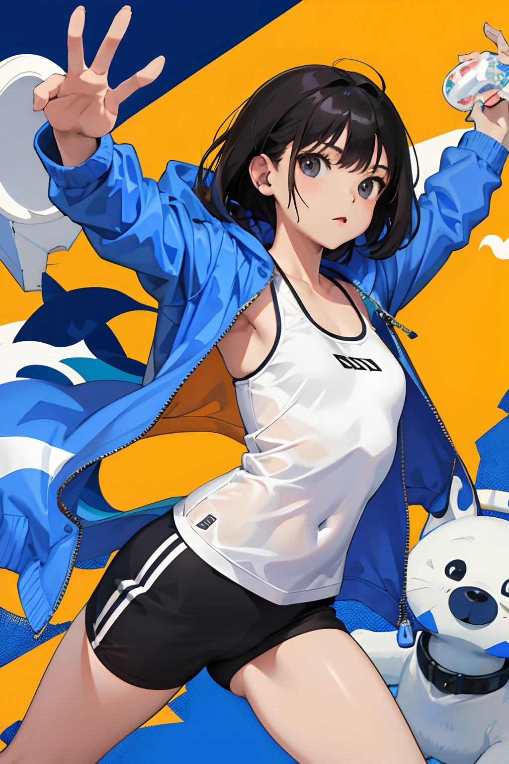 ，（​masterpiece，Highest Quality），Sportsbra，Zip Up，Lightweight hoodie，A dark-haired