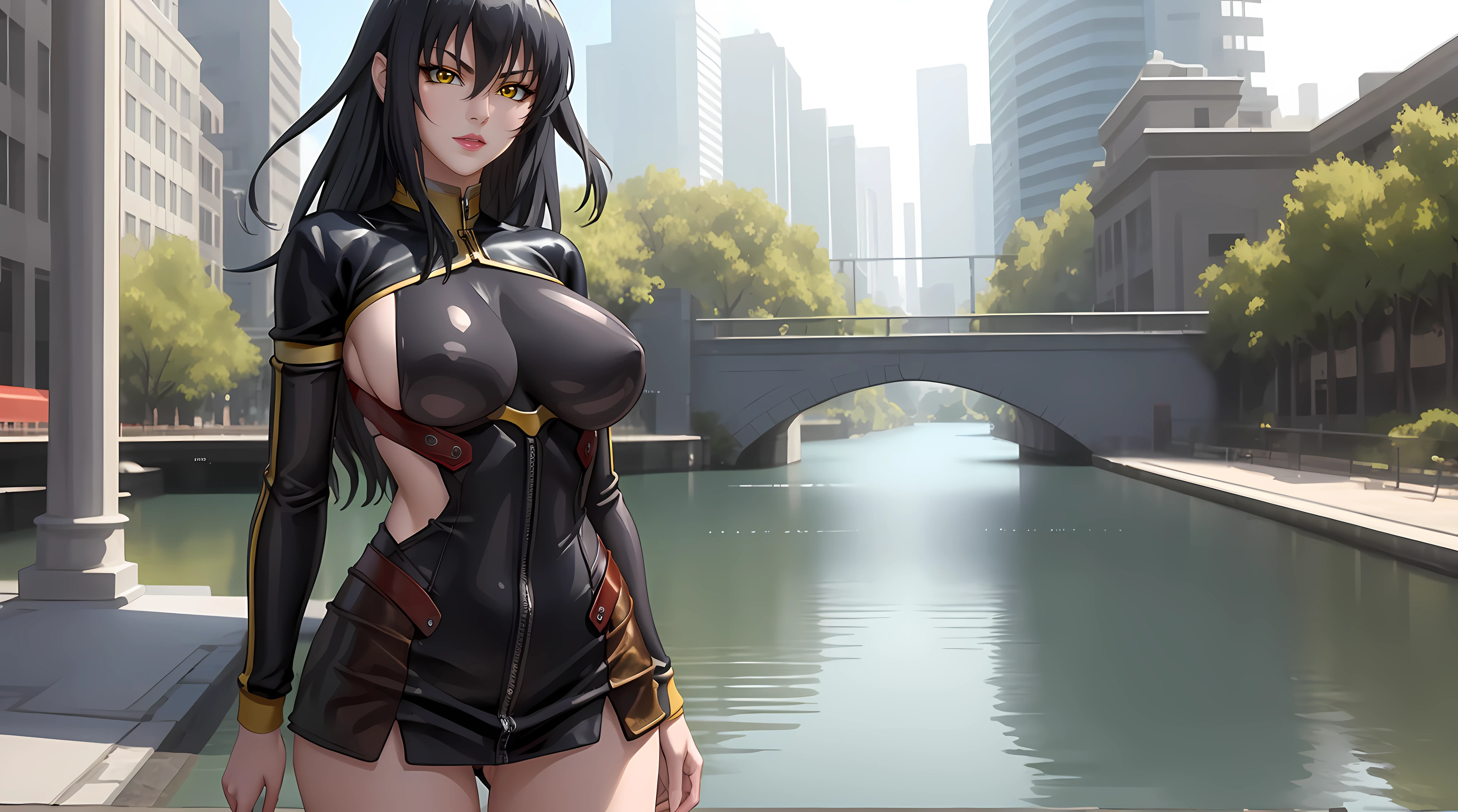 (masterpiece:1.4),(best quality:1.4), soft lighting, sunny light, beautiful face, beautiful eyes, cowboy shot,
Annerose, 1girl, solo, female mature, black hair, long hair, (yellow eyes:1.4), large breasts, bodysuit leather, skin tight, hair intakes, covered breasts, exquisite eyes detail, exquisite character design unity details 8k hdr, professional art, landscape, (solo:1.5, 1girl:1.4, cowboy shot:1.5), day, stand in the middle of lake surrounding by waterfall natural, sexy body, milf, 35 years old girl, big thighs, sexy waist, fully covered breasts