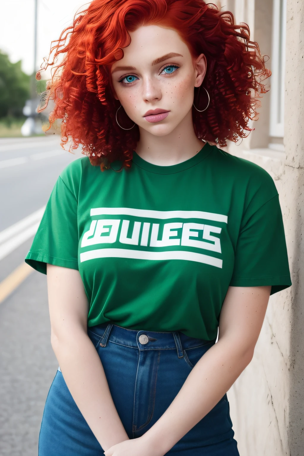 Aesthetic artwork, a woman, red hair, blue eyes, curly hair, light freckles on both cheeks, full lips, sympathetic look, fair skin, green t-shirt, black jeans, small build,