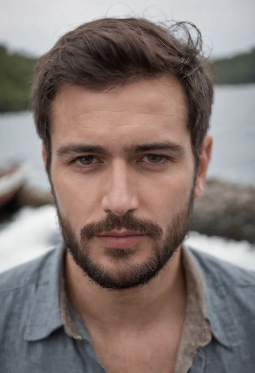 Homem, pescador, branco, barba branca, olhando para frente no barco afundado no dia nublado