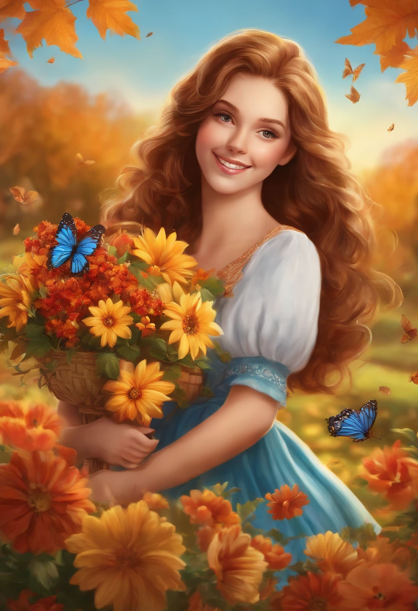 (highres)A girl in a garden,beautiful detailed eyes,beautiful detailed lips,extremely detailed eyes and face,longeyelashes,2girls,illustration,realistic,autumn colors,vibrant foliage,golden sunlight,soft breeze,picnic blanket,bouquet of flowers,colorful butterflies,festive atmosphere,joyful laughter,carefree smiles,happy expressions,harmonious setting,peaceful surroundings,scenic beauty,celebrating National Day,unforgettable memories,masterpiece:1.2