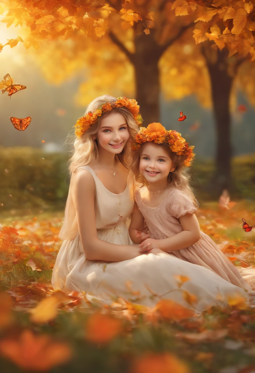 (highres)A girl in a garden,beautiful detailed eyes,beautiful detailed lips,extremely detailed eyes and face,longeyelashes,2girls,illustration,realistic,autumn colors,vibrant foliage,golden sunlight,soft breeze,picnic blanket,bouquet of flowers,colorful butterflies,festive atmosphere,joyful laughter,carefree smiles,happy expressions,harmonious setting,peaceful surroundings,scenic beauty,celebrating National Day,unforgettable memories,masterpiece:1.2