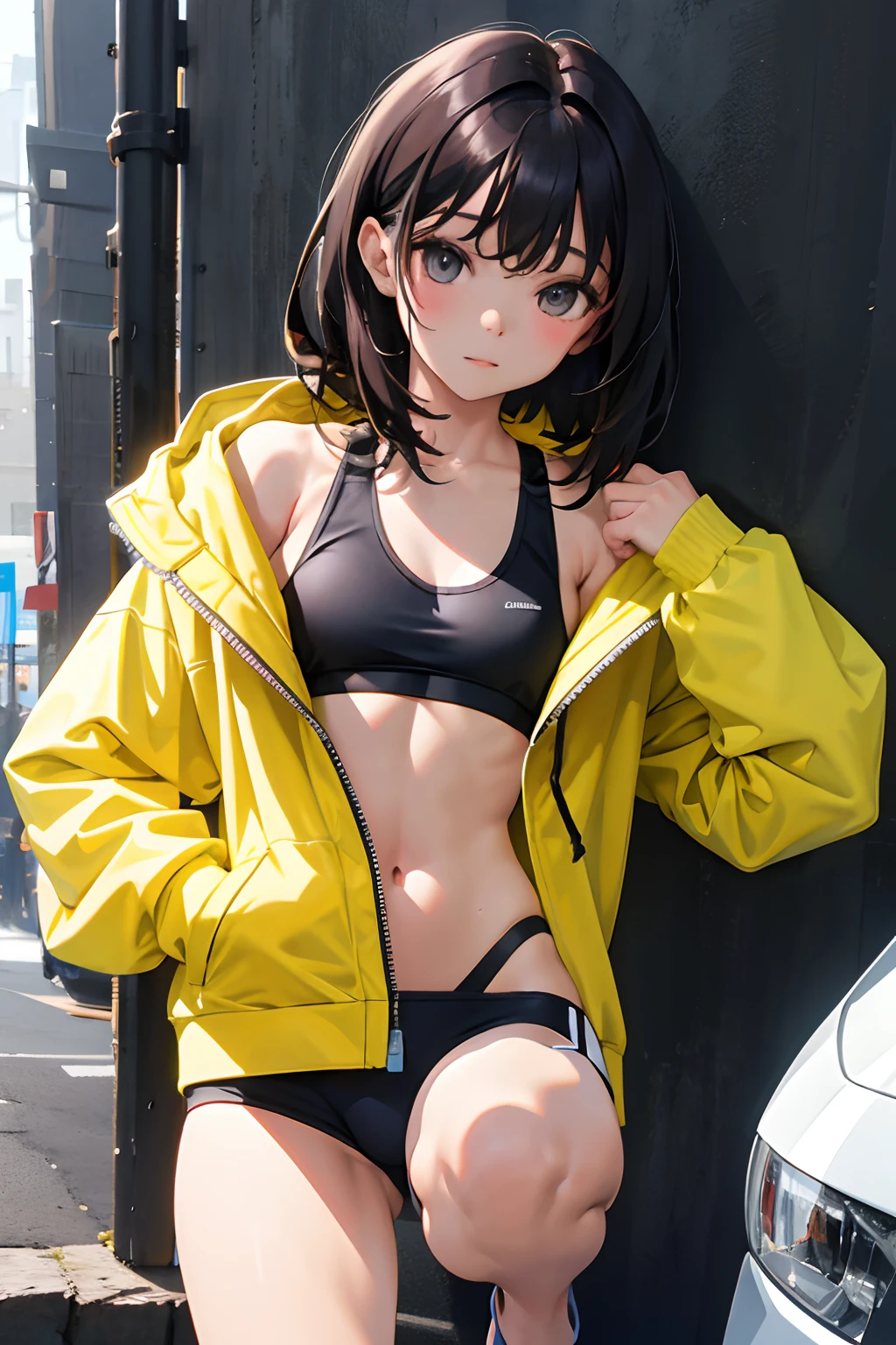 ,(masterpiece,Highest Quality),Sportsbra,Zip Up,Lightweight hoodie,A dark-haired