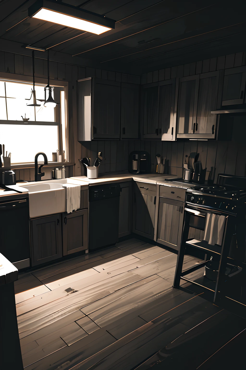Generate an image of the interior of the kitchen in a simple cabin, maintaining the dark style, on a dark night. In the kitchen, include an old refrigerator and an old table. The lighting should be low, creating a dark and mysterious atmosphere. Ensure that the kitchen's atmosphere is in line with a horror movie setting.